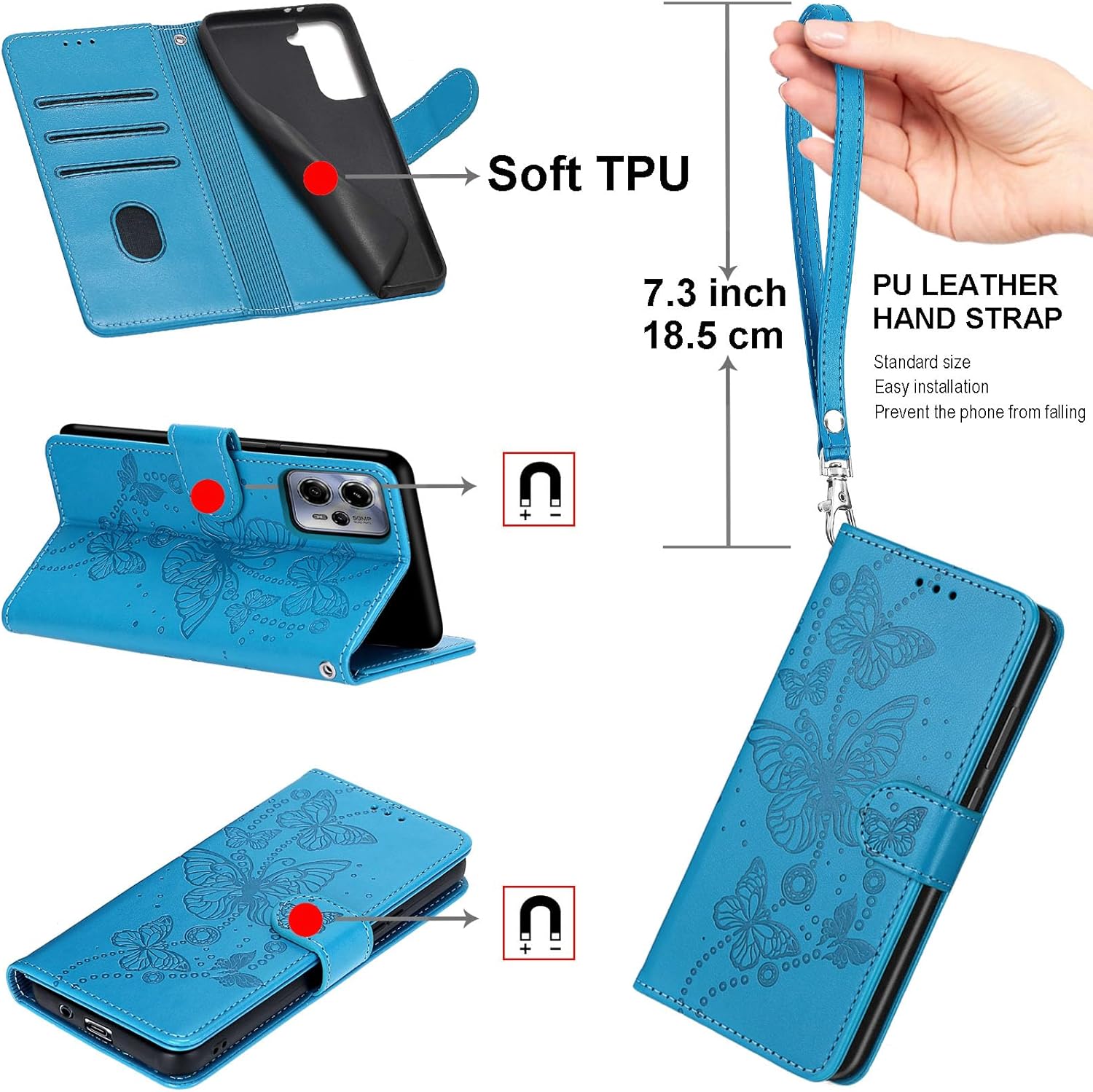 Designed for iPhone Air Case Wallet,Women Flip Folio Cover with Embossed PU Leather Stand Credit Card Holders Slots Wrist Strap Phone Case for iPhone Air 6.5 inch (Blue Butterfly) - Image 4