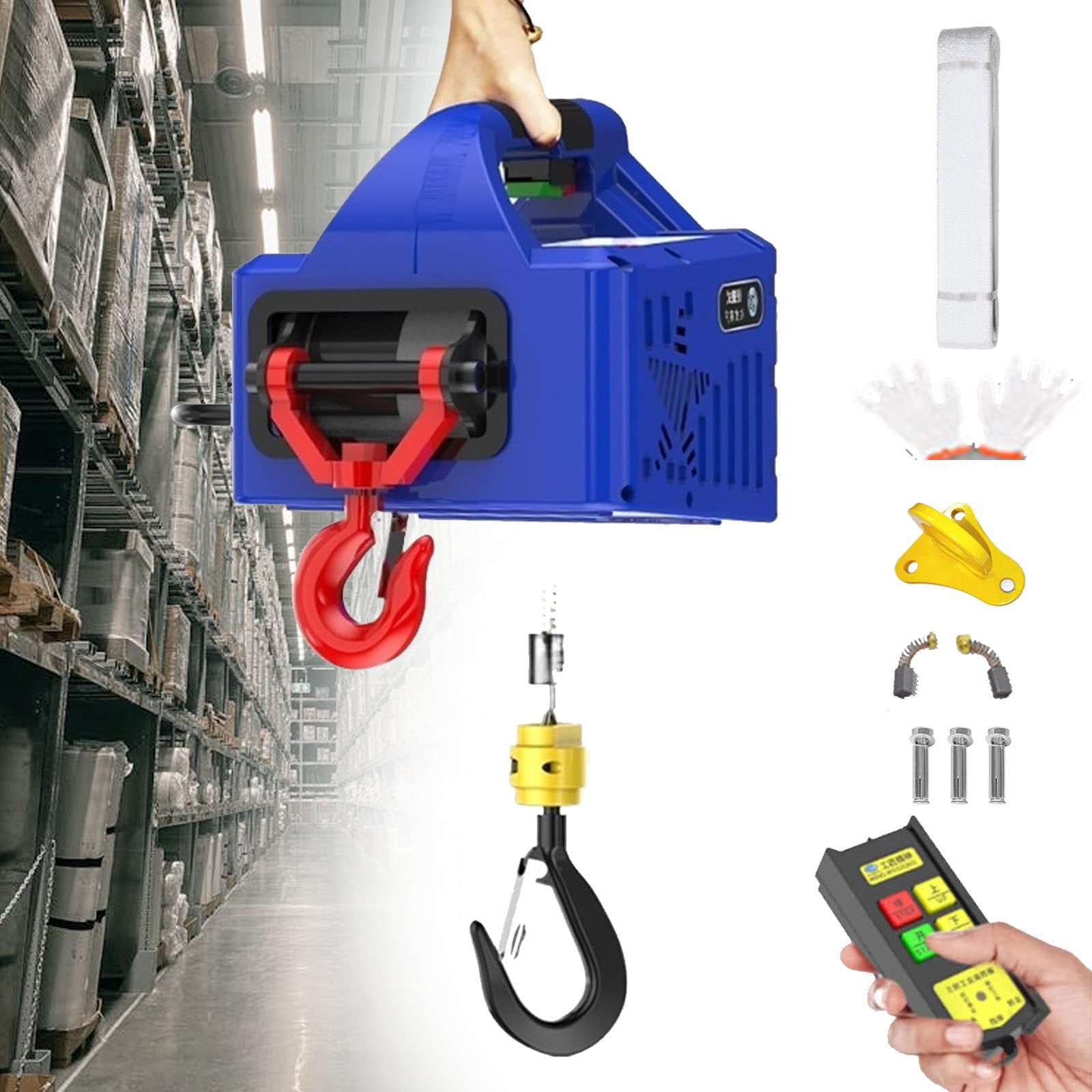 Grúa Polipasto Eléctrico Portátil 3 En 1,Grúa Polipasto Eléctrico De 220 V, Se Puede Controlar Varias Maneras Dentro 160 M, Velocidad Levantamiento: 5 M/Min,Con Protección Contra Sobrecarga,500kg/7.6m
