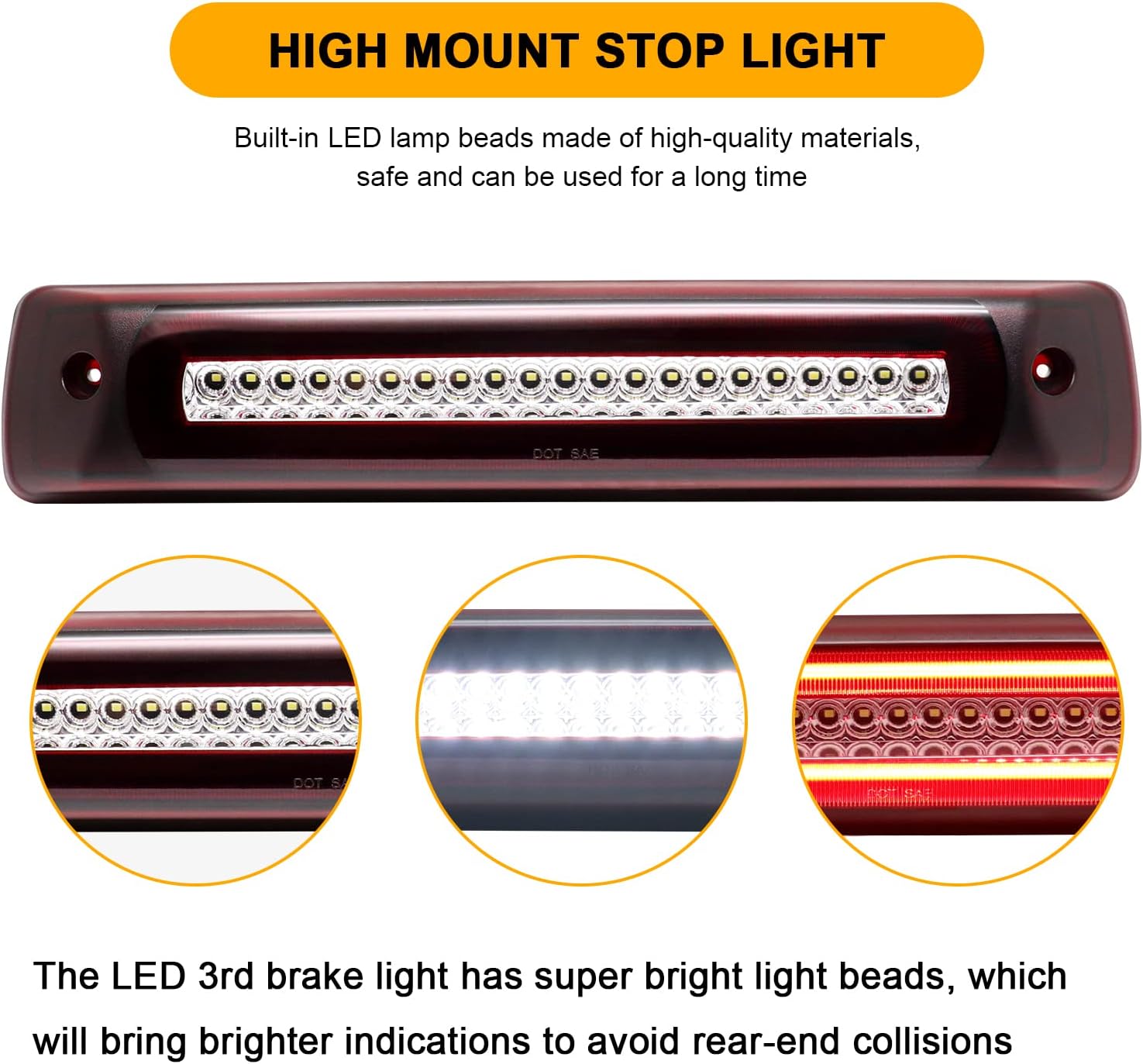 LED 3rd Third Brake Light Replacement for Colorado Canyon 2015-2025 Pickup Trucks, F1 Style Rear Center High Mount Strobe Stop Lamp with Sealing Gasket, Ventilation Holes CHMSL, Red Lens