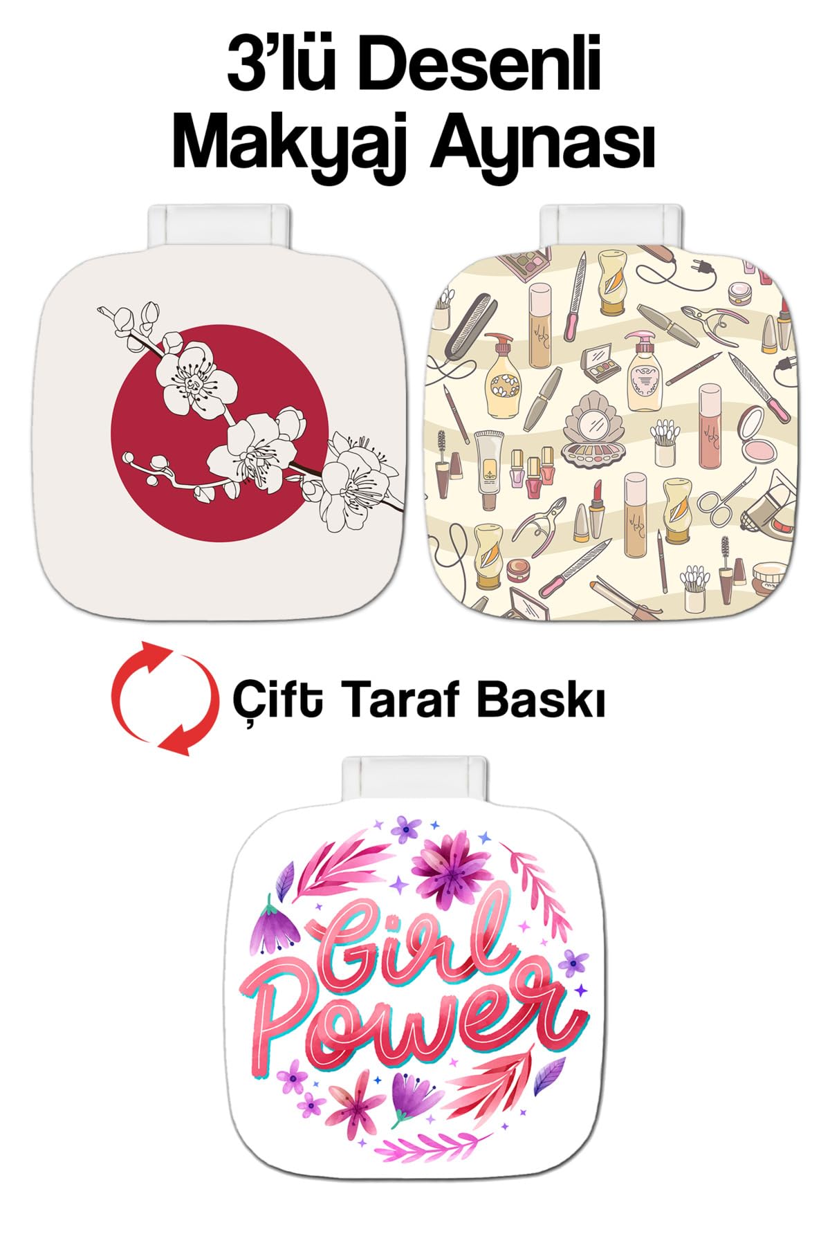 kutuTR Cep Makyaj Aynası 3'lü Set UV Baskılı PP Kapaklı, TYC60CBAD4F3CABB00