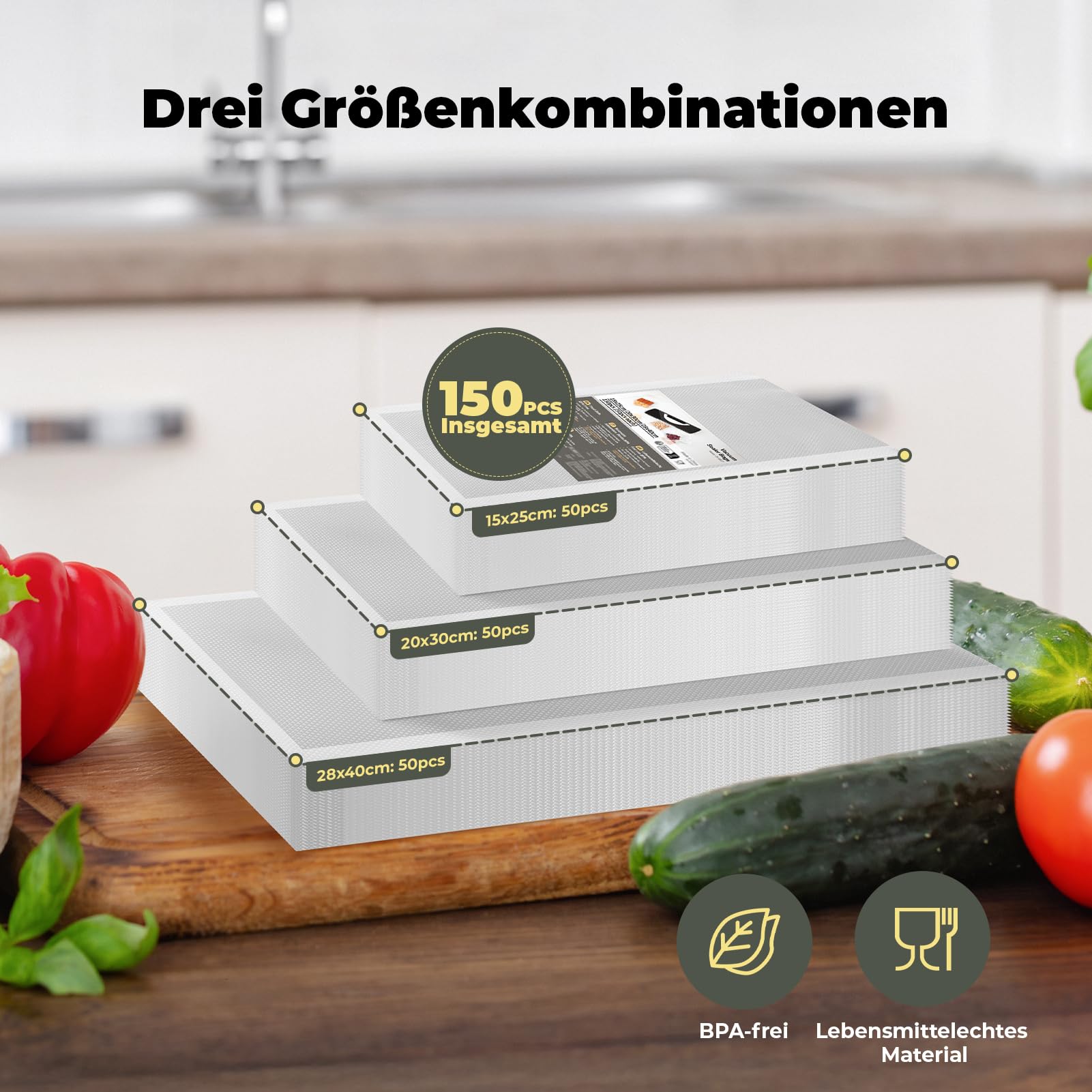 Vakuumierbeutel 150 Beutel, Profi Vakuumierfolie Vakuumbeutel 15x25cm/20x30cm/28x40cm für Vakuumierer & Lebensmittel Lagerung & Sous Vide Geeignet, Gefrierbeutel BPA-frei & Reißfest