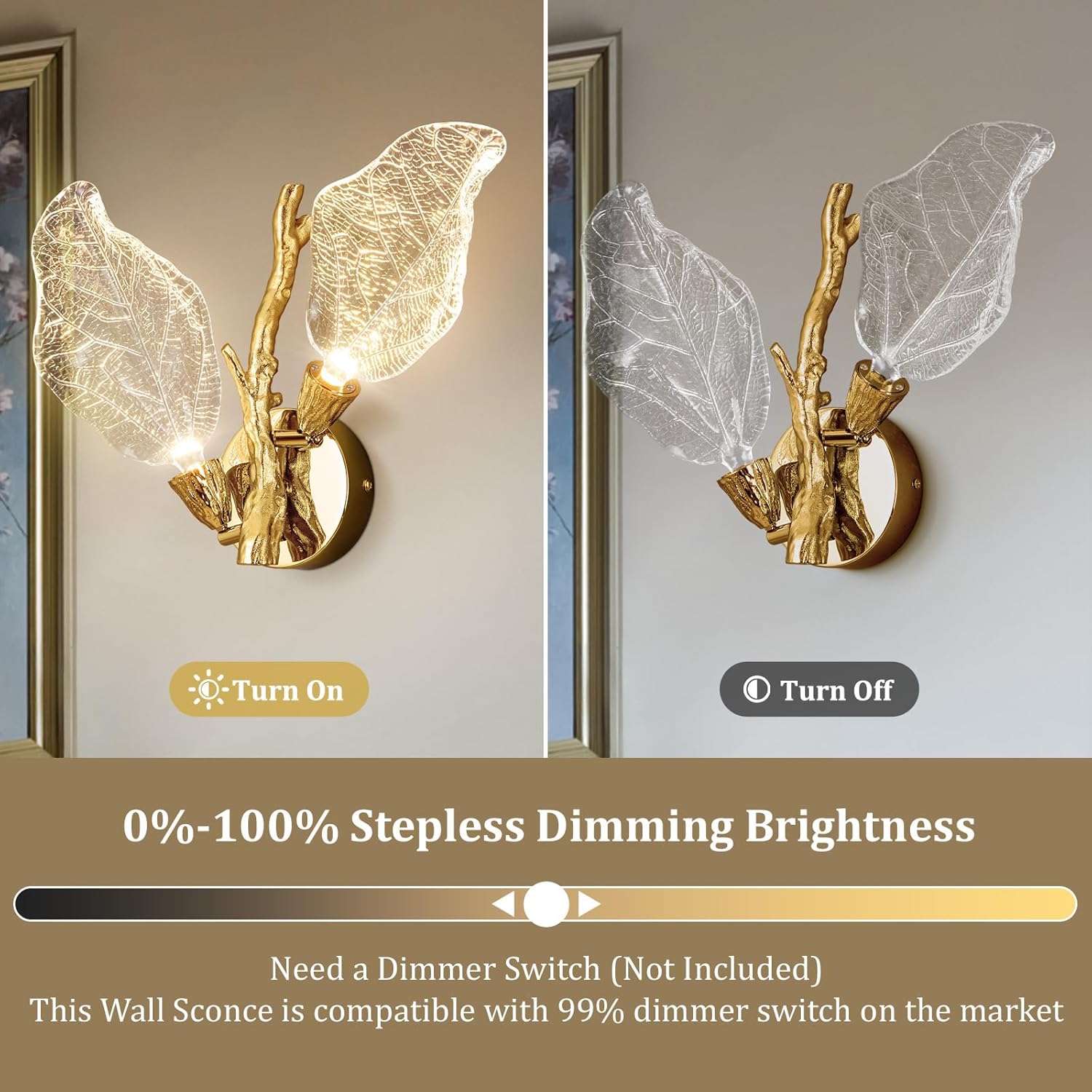 Wall Sconces, Gold Bathroom Sconces Wall Lighting with Clear Acrylic Leaf, Modern Sconces Wall Decor Wall Light fixtures for Bathroom Mirror Living Room Hallway Bedroom Stairs (1pcs,Gold)