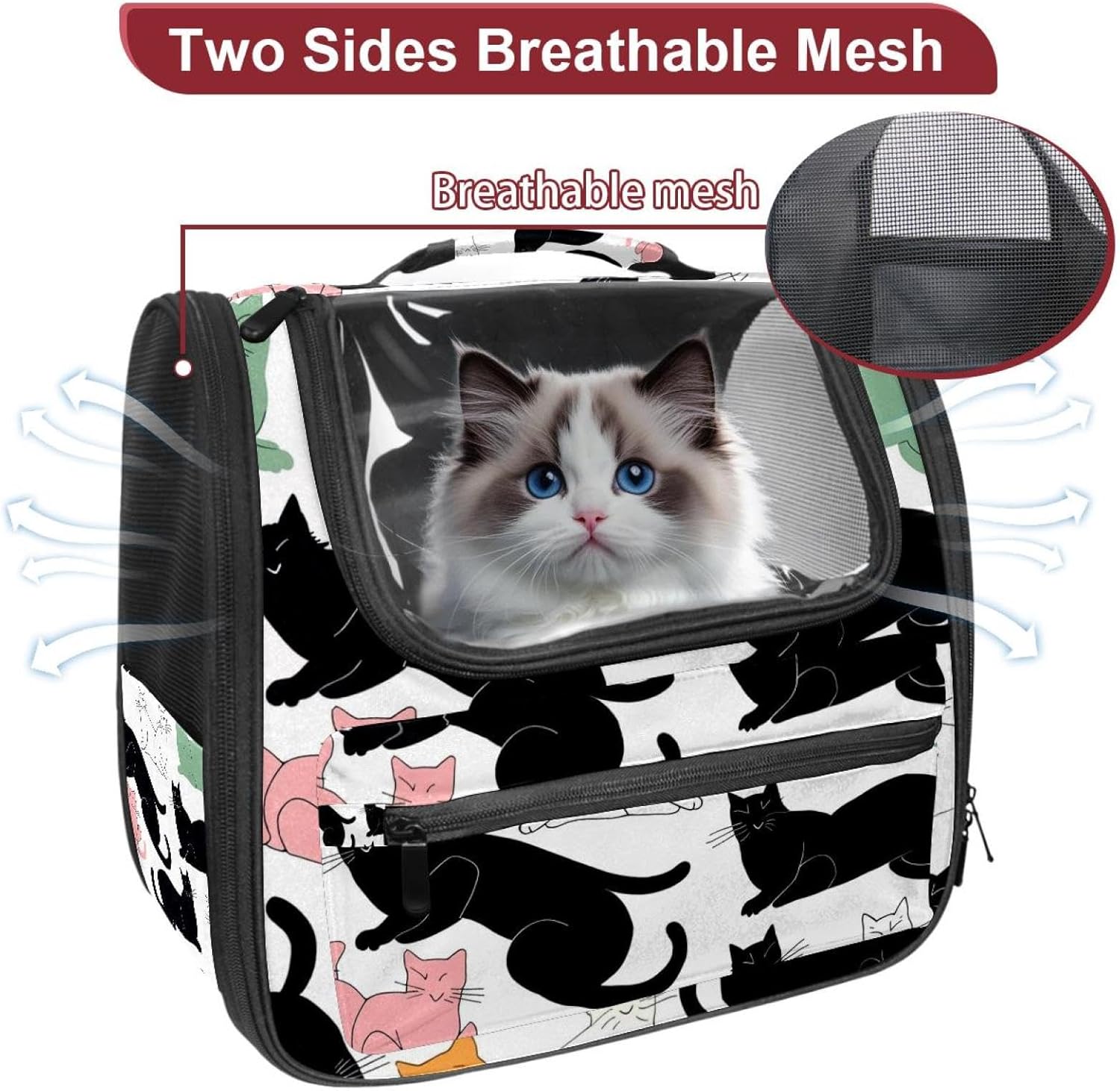 Portable Travel pet Backpack Carrier Hamster Bag Small Dog cat Carrier Breathable Hang Bag, Cats on a White Background