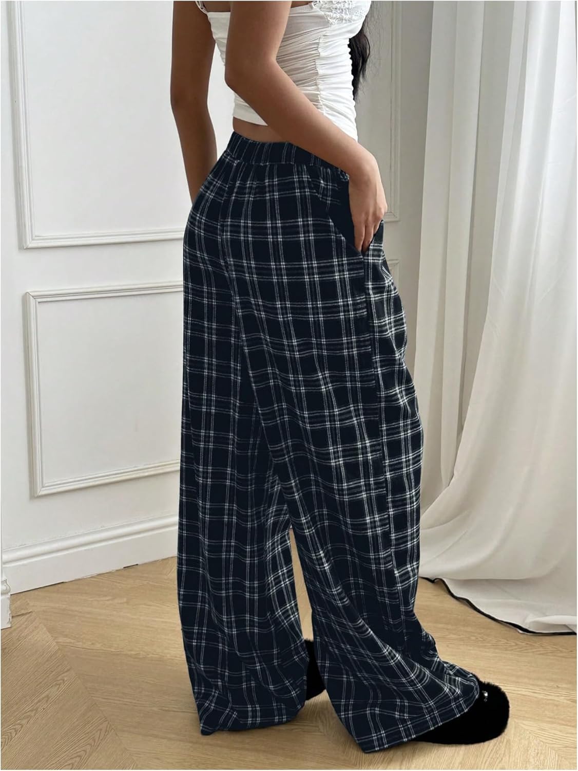 SweatyRocks Women's Plaid Wide Leg Baggy Pants Drawstring Elastic Waist Casual Palazzo Trousers with Pocket - Image 3