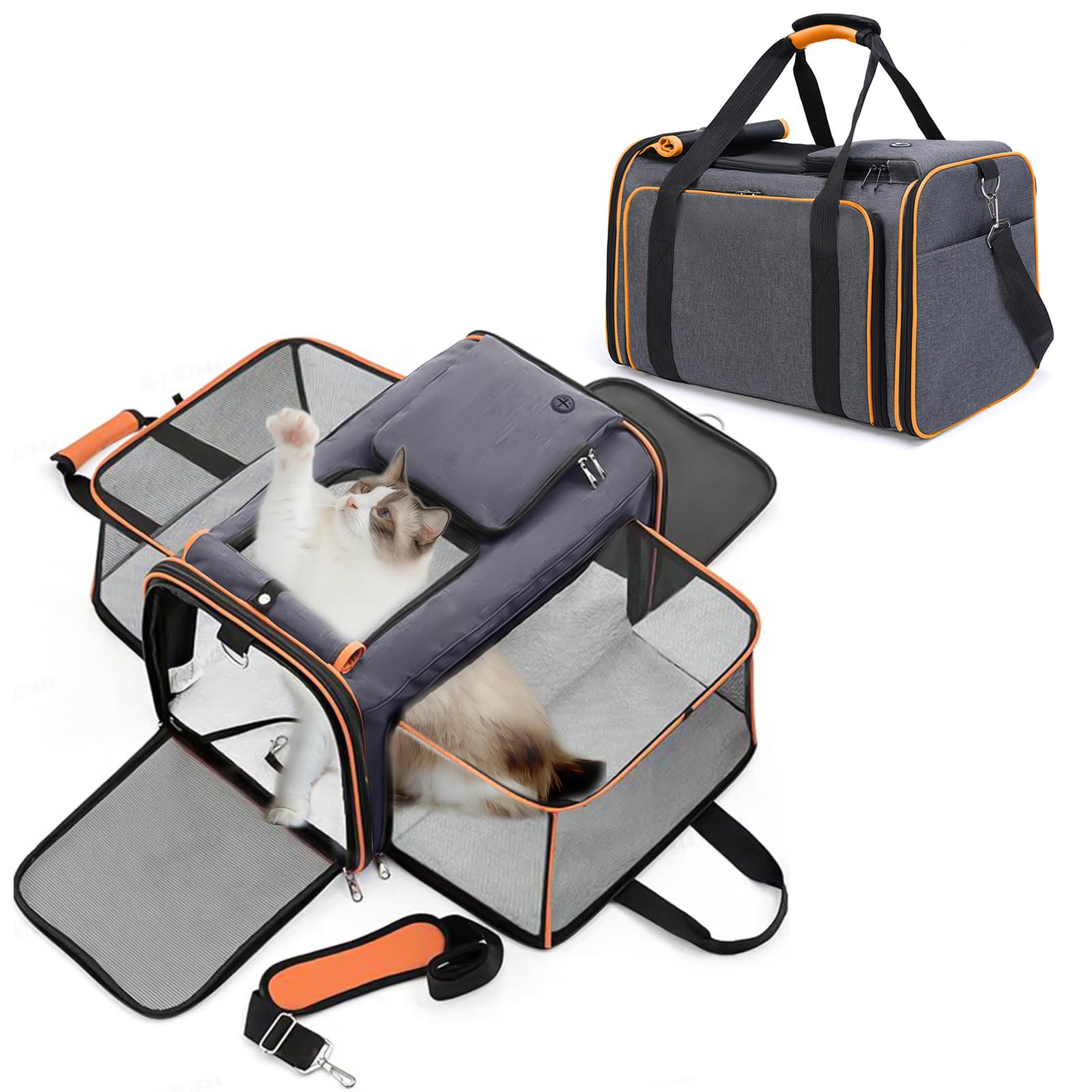 PETCUTE Airline Approved Cat Carrier with Shoulder Strap,2 Side Expandable Pet Carrier for Cats,Small Dogs,Soft-Sided Puppy Carriers with Washable Soft Fleece Pad,Inner Safety Leash,For Travel