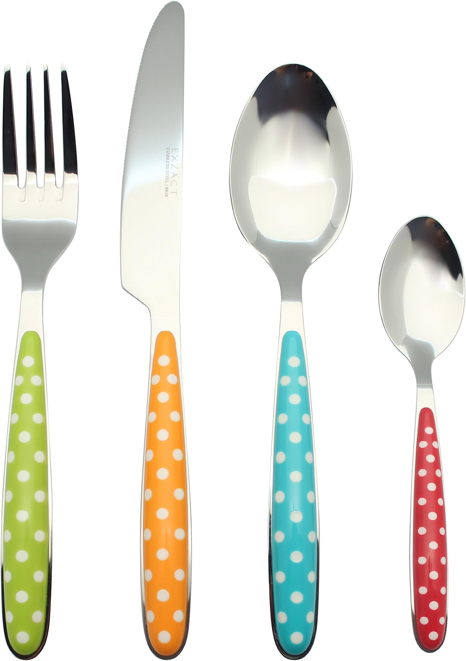 EXZACT Cutlery Set 24pcs Polka Dot Mixed Colours, Stainless Steel with Color Handles - 6 Forks, 6 Dinner Knives, 6 Dinner Spoons, 6 Teaspoons -Dishwasher Safe (Mixed Colour x 24)