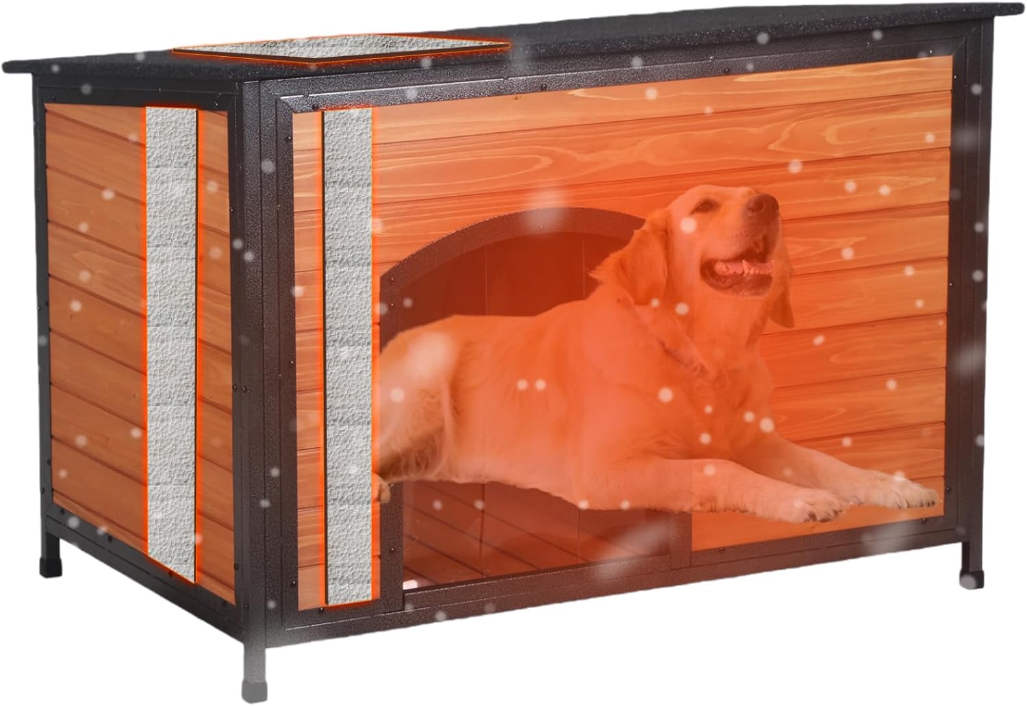 FunXplore Insulated Dog House Outdoor Weatherproof 43.3" L Large Dog Kennel 6 Sides All-Round Foam Winter for Small Medium Large Dogs with Strong Metal Frame