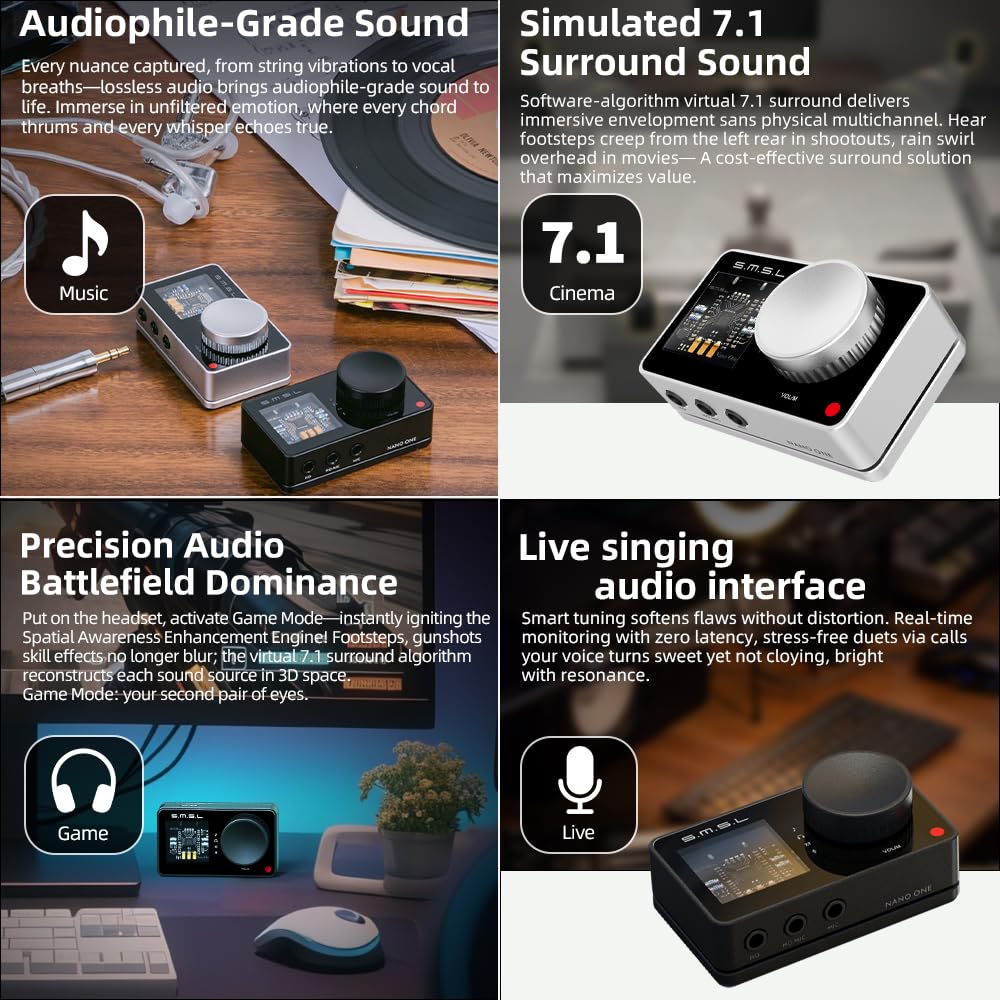 SMSL Nano ONE, tarjeta de sonido externa para juegos, entrada USB, salida de auriculares de 3.5 mm, cuatro modos: música/juego/7.1 virtual/mejora de voz se conecta a teléfonos/tabletas/computadoras