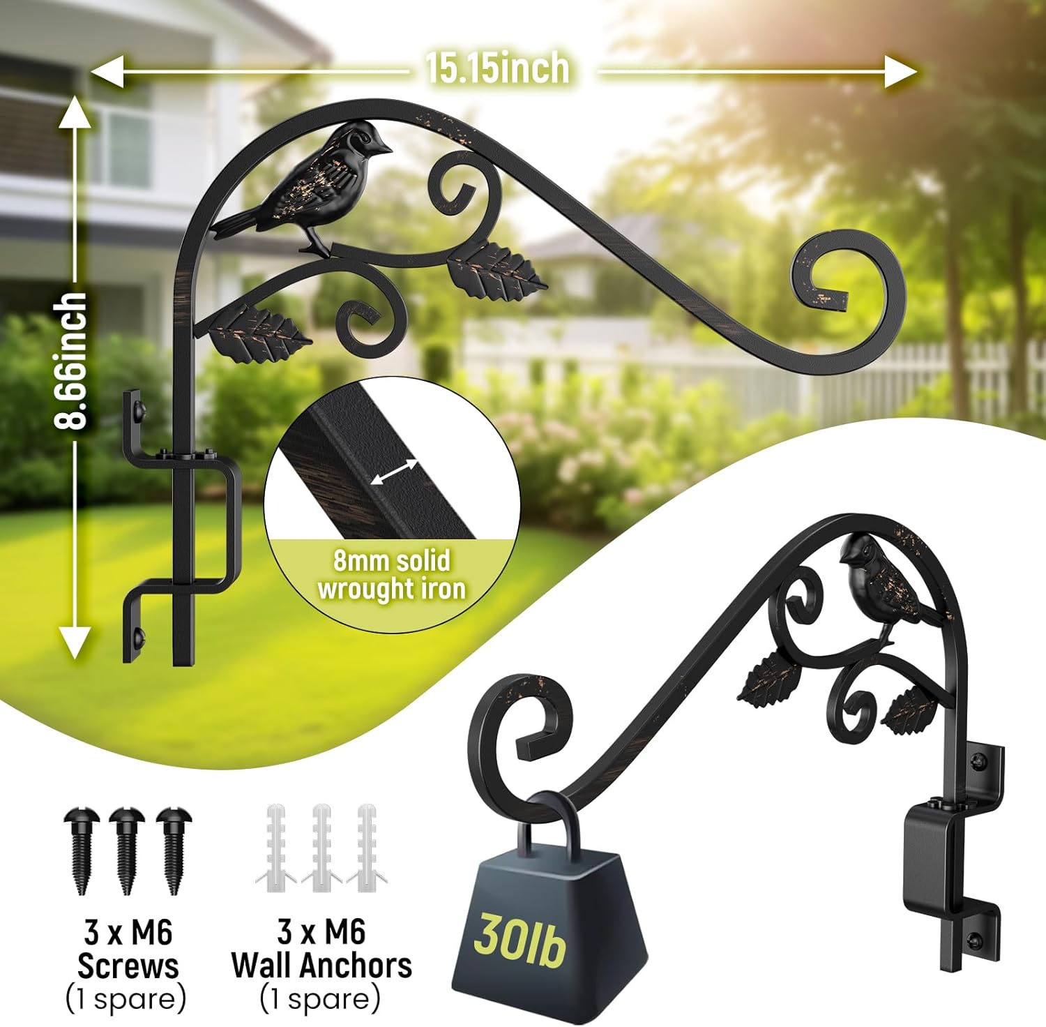 Plant Hangers Outdoor, 4 Pack 15.15 inch Swivel Plant Hangers Indoor Wall Mount Sturdy Wrought Iron Plant Wall Hanger, Wall Plant Hanger Indoor for Bird Feeders, Planters, Lanterns, Wind Chime, Black