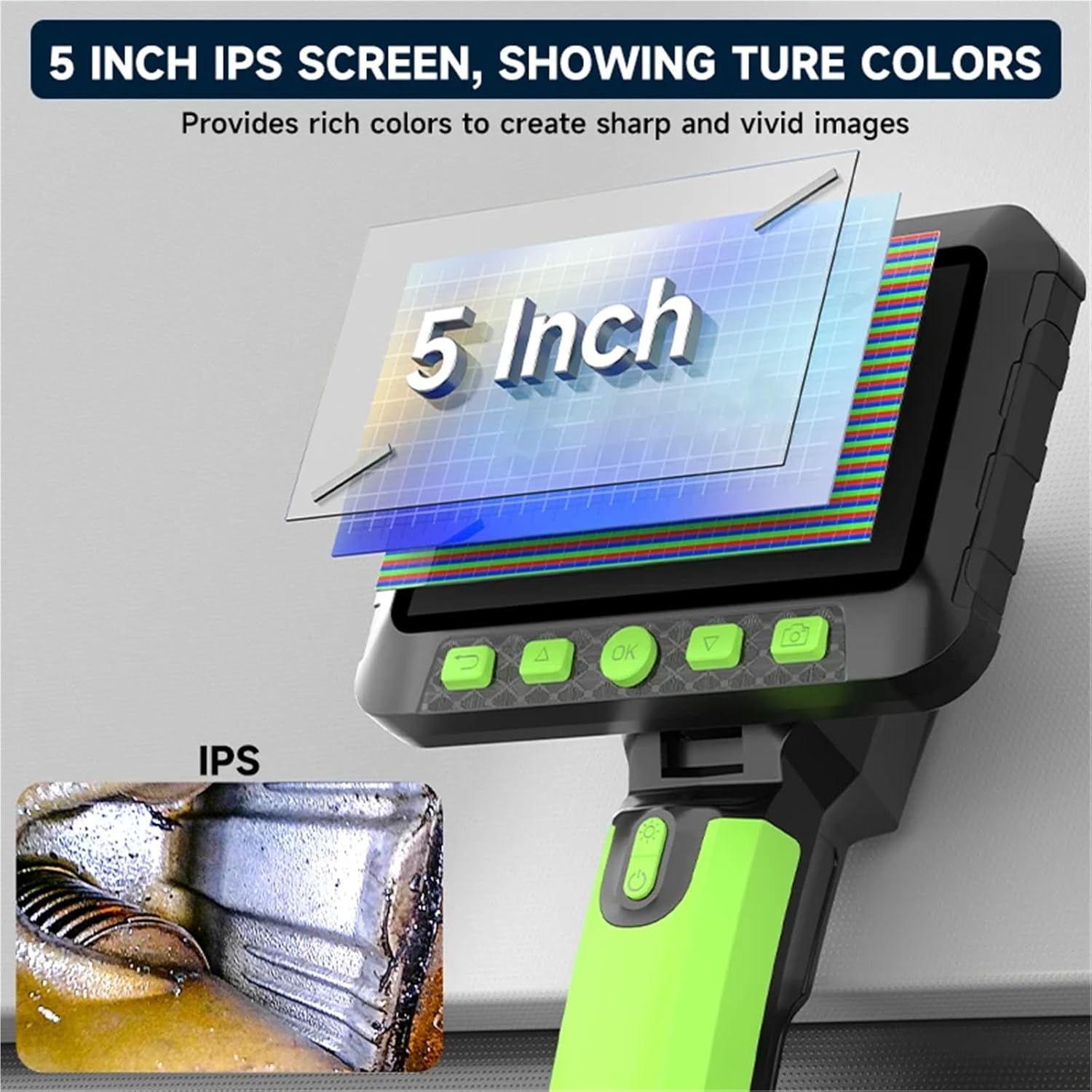 360 Degree Rotate Endoscope 5-inch IPS Screen IP67 Borescope 9.5mm 1080P HD Inspection Camera Detachabe Design for Piping Car(Triple Lens 1m)