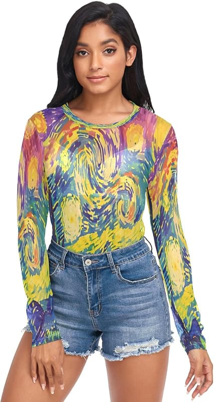 Van Gogh Starry Night Rainbow Colors Women's Long Sleeeve Mesh Shirt Sheer See Through Top Blouse,S