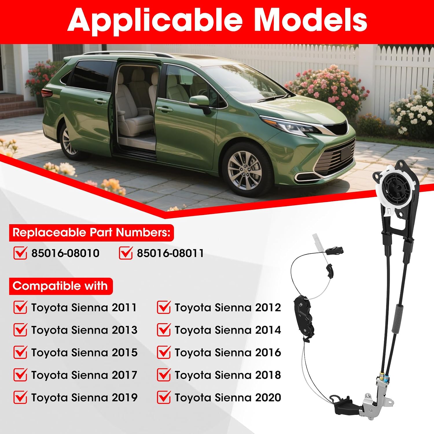 Left Driver Side Power Sliding Door Cable Fit for Toyota Sienna 2011-2020 Replace 85016-08010 85016-08011 Linkage Assembly Driver Side Door Motor Bracket Cable