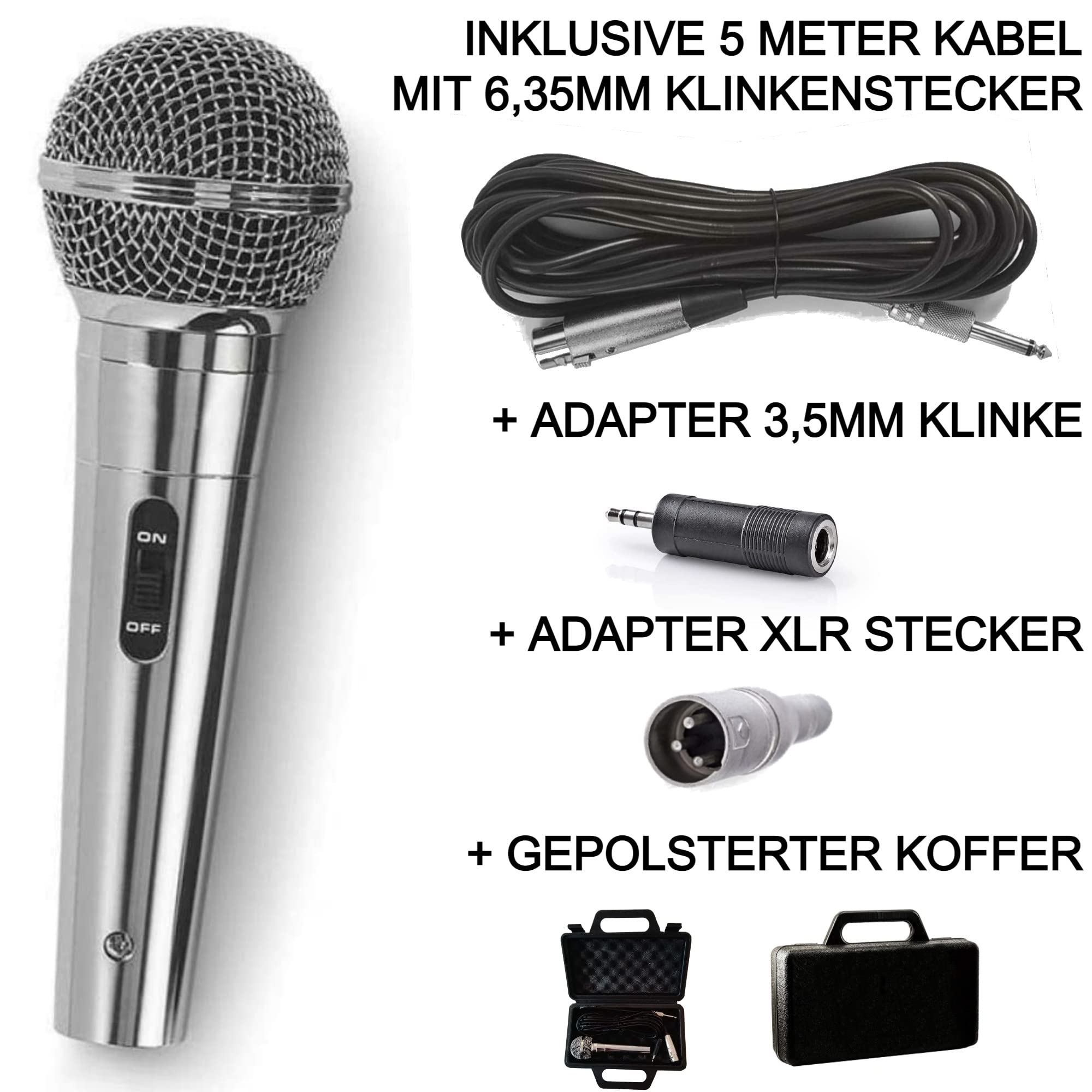 TronicXL Premium Mikrofon dynamisch - Silber - Gesang & Bühne + 5m Kabel XRL I 6,35mm I 3,5mm Klinke Mic Set Micro Gesangs Mikro dynamisches