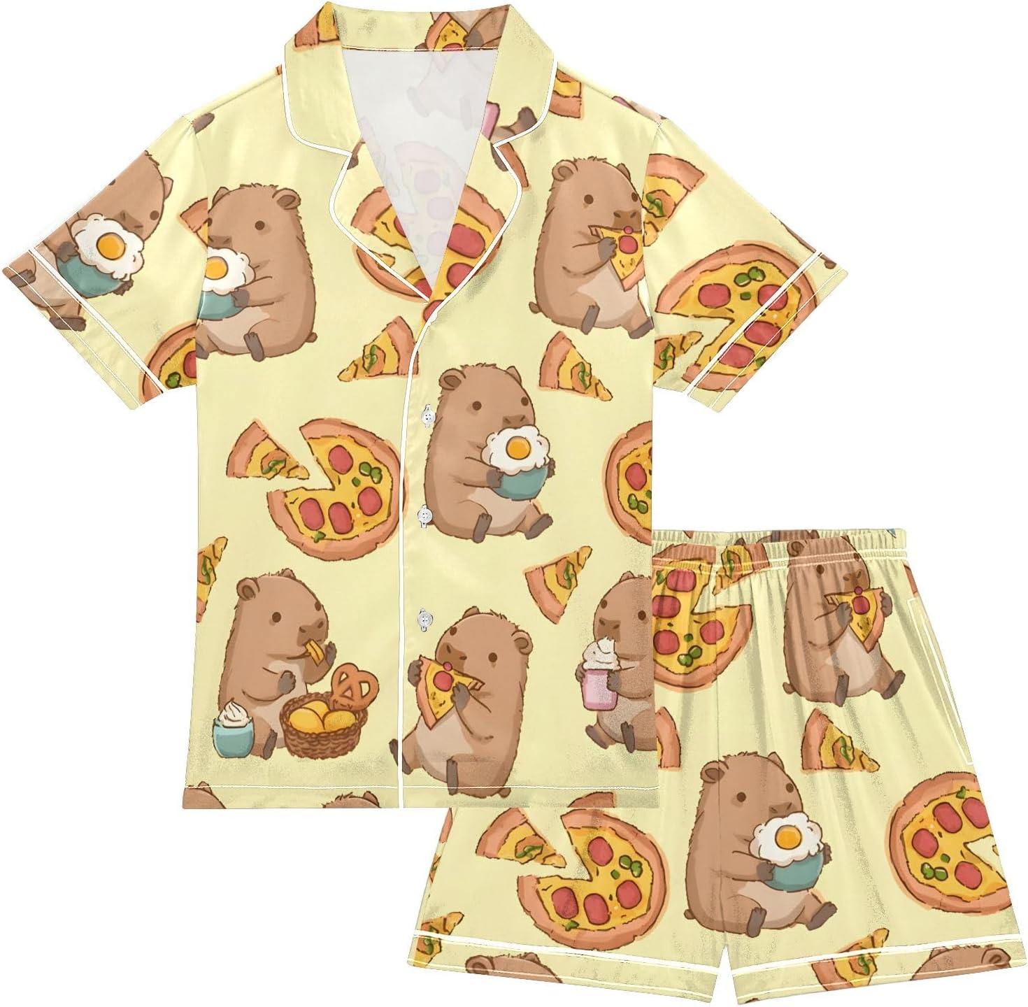 Kids Casual Satin Wear Set Cute Dinosaur Playing Music Unisex Short Sleeve Clothing for Relaxing