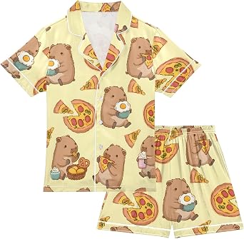 Kids Casual Satin Wear Set Cute Dinosaur Playing Music Unisex Short Sleeve Clothing for Relaxing