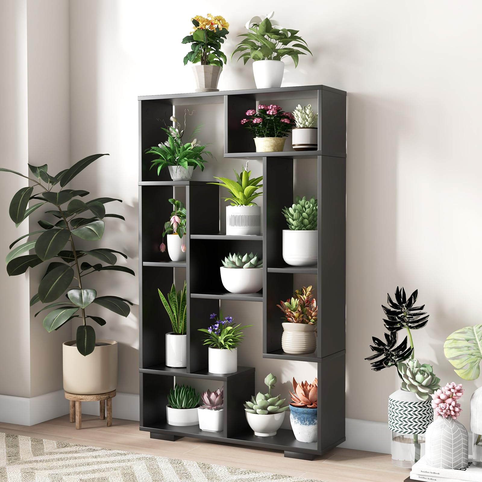 HOMASIS Librería geométrica con Compartimentos Abiertos, Estantería de pie Moderna con Kits Antivuelco, Organizador de Almacenamiento de Madera para salón, Dormitorio, 70x20x120cm (Nergo)