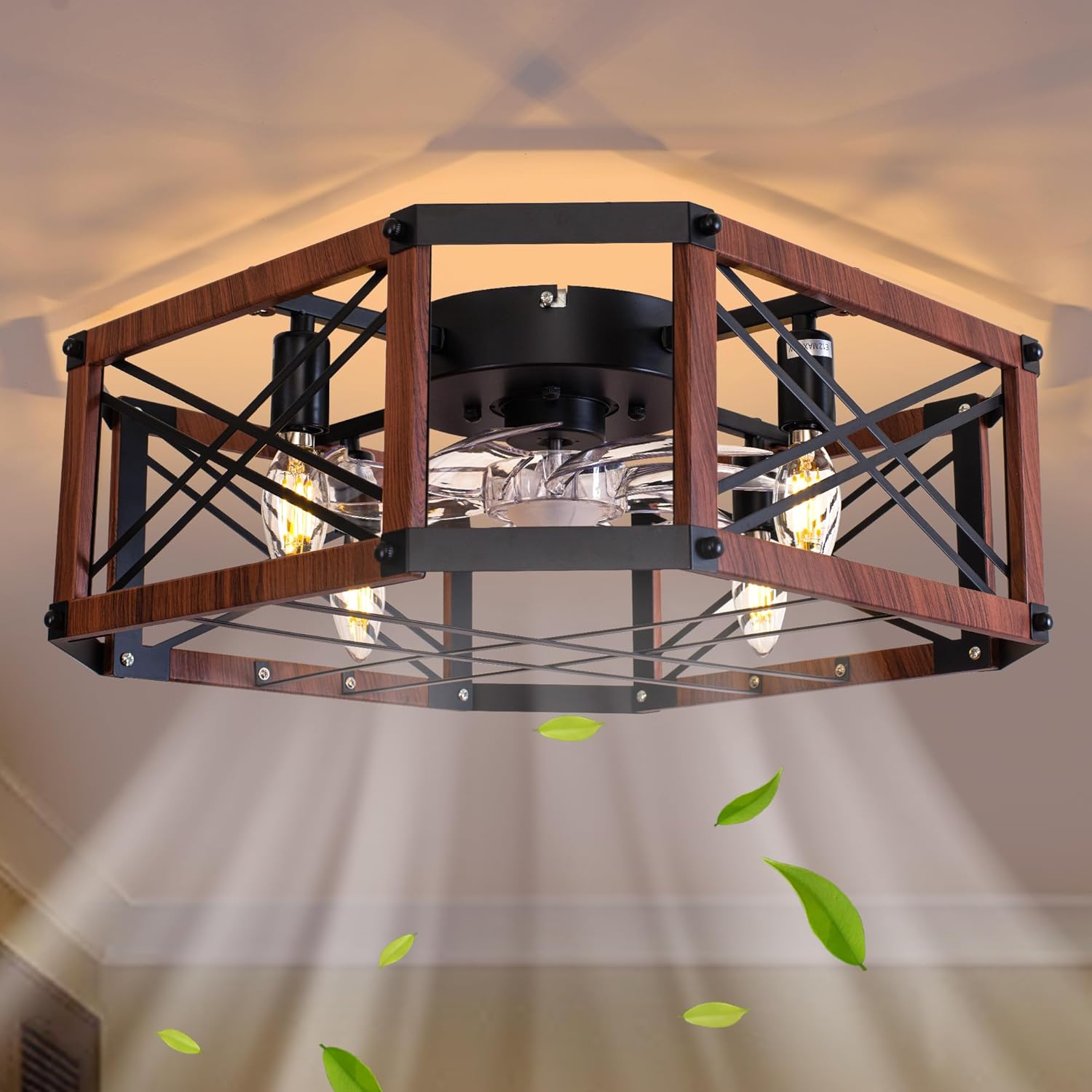 21'' Low-Profile Ceiling Fan with Dimmable-Light Remote Control, Reversible-Motor, 6 Wind Speeds, Perfect for Bedroom, Living room, Kitchen, Outdoor Gazebo, Patio, Flush-Mount Farmhouse Cage Square-Farmhouse