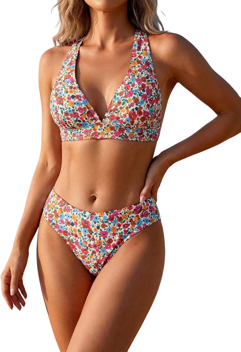 Milumia Women's 2 Piece Ditsy Floral Swimsuit Deep V Neck Criss Cross Tie Back Bathing Suits