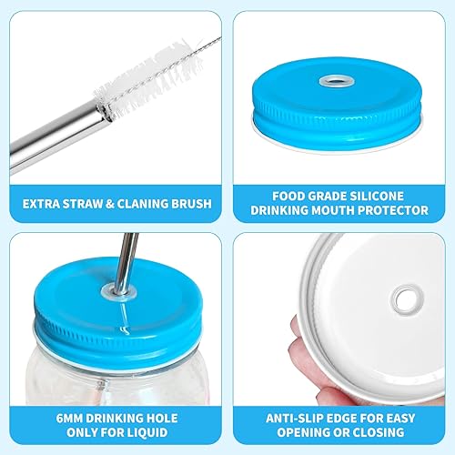 Miniatura 2 de Paquete de 6 tapas de metal para beber con agujero para popote y pajitas compatibles con Mason Jar boca regular, 6 colores, apto para lavavajillas