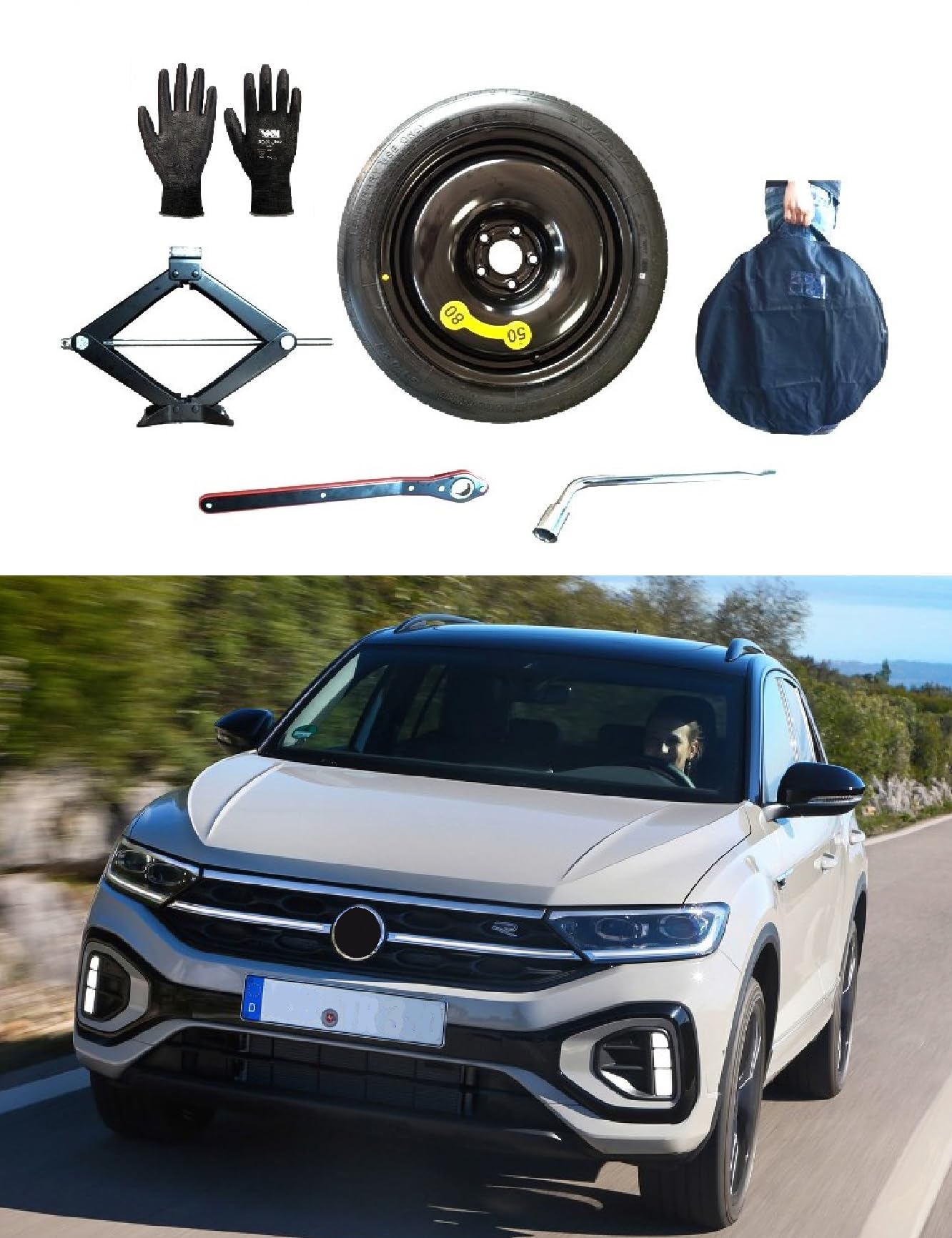 Kit Ruotino di Scorta 16" compatibile con Volkswagen T-Roc con Cric, Chiave, Guanti e Sacca