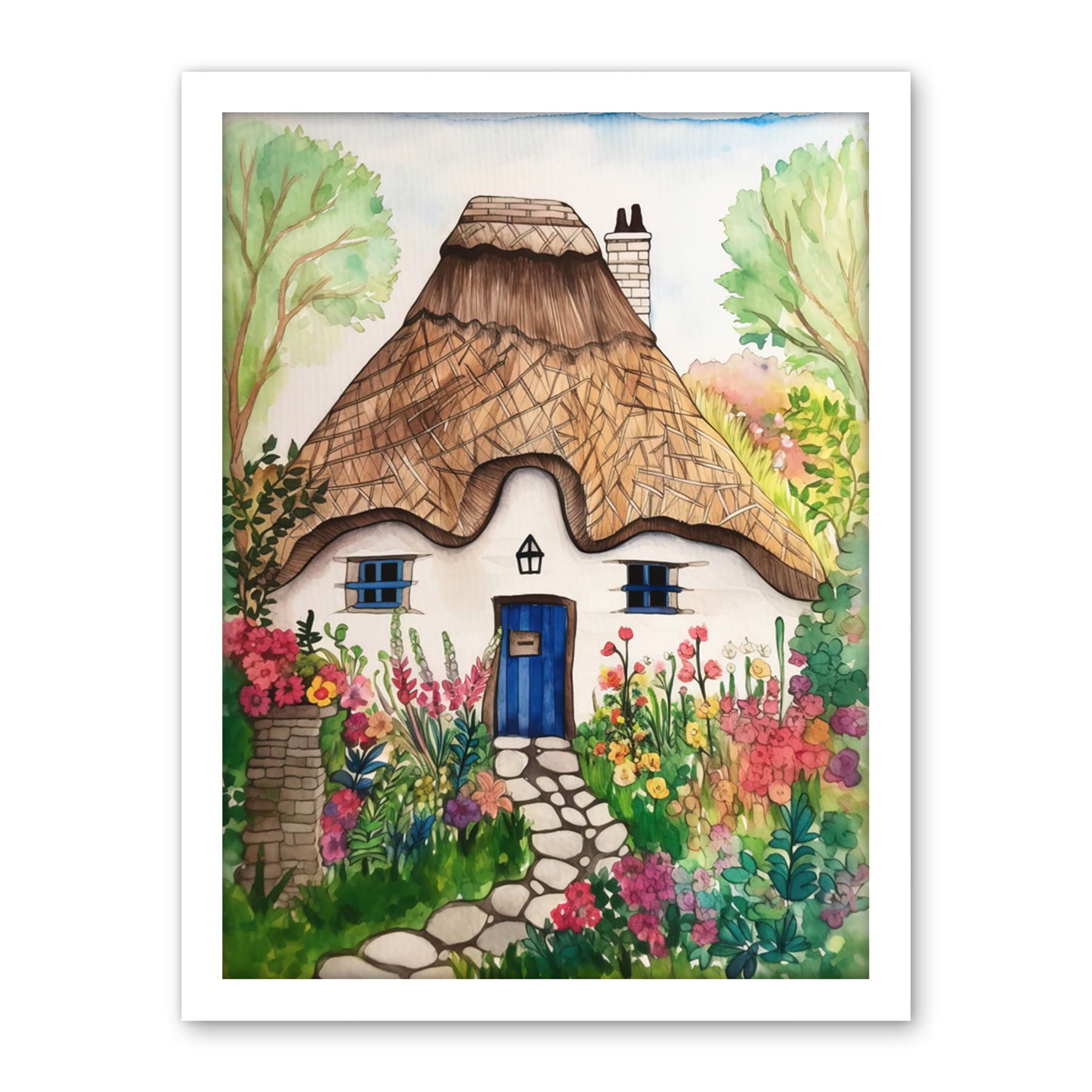Artery8 The Cottage In The Forrest Flowers Folk Art Artwork Framed Wall Art Print 18X24 Inch