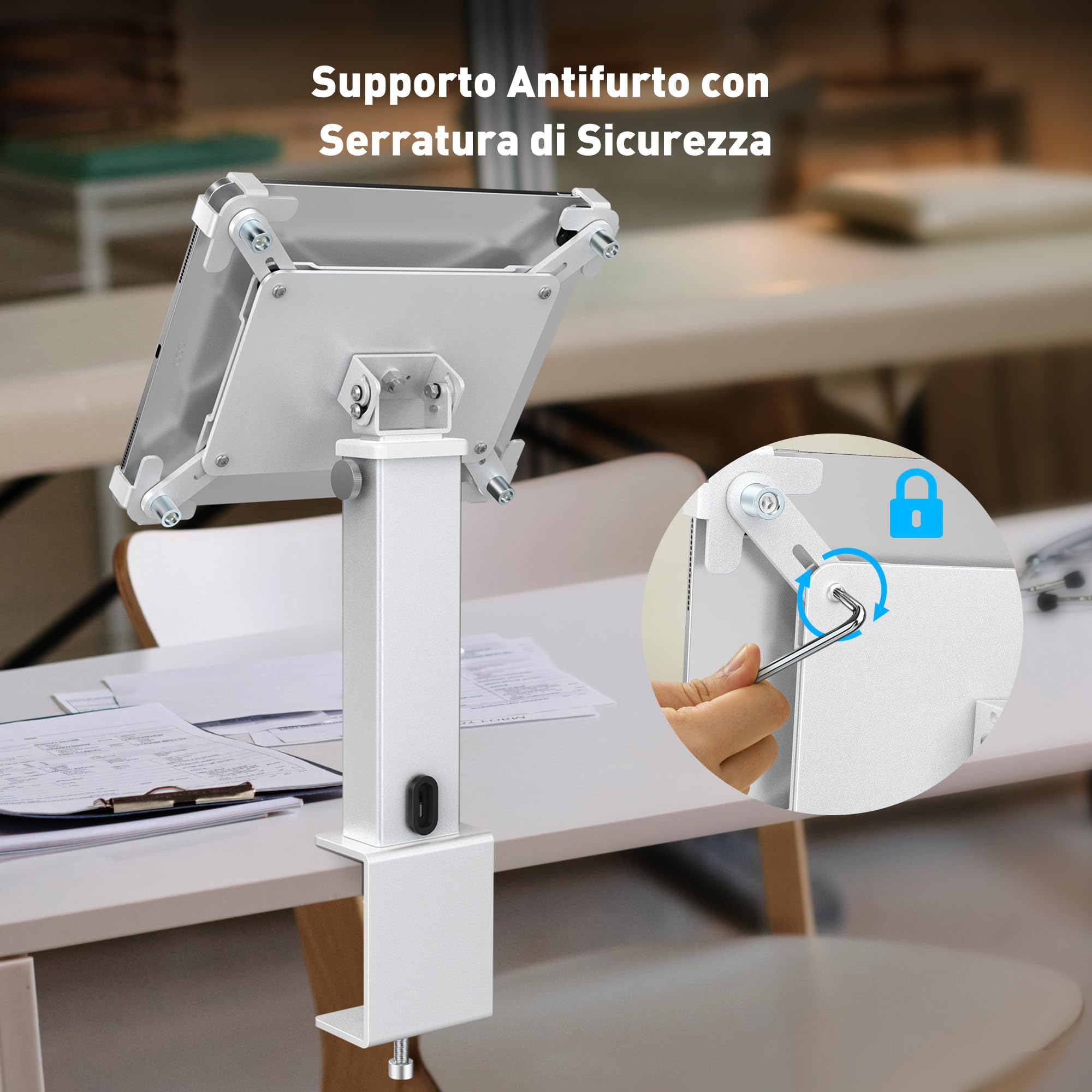 AboveTEK iPad Desk Stand, un supporto per tablet regolabile e antifurto con rotazione di 360° e inclinazione di 180°, si adatta a tablet da 9,7" a 13" ed è perfetto per il lavoro-Argento