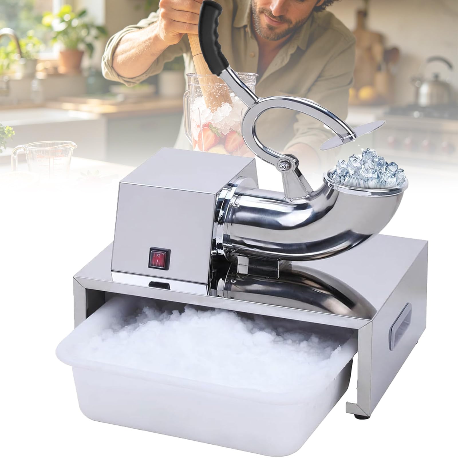 MiyKom Shaved Ice Machine Electric Cube Ice Shaver with Drawer Storage, 300W Electric Snow Cone Maker 850 RPM, Heavy Duty Stainless Steel Ice Crusher for Smoothies Shaved Ice and Seafood