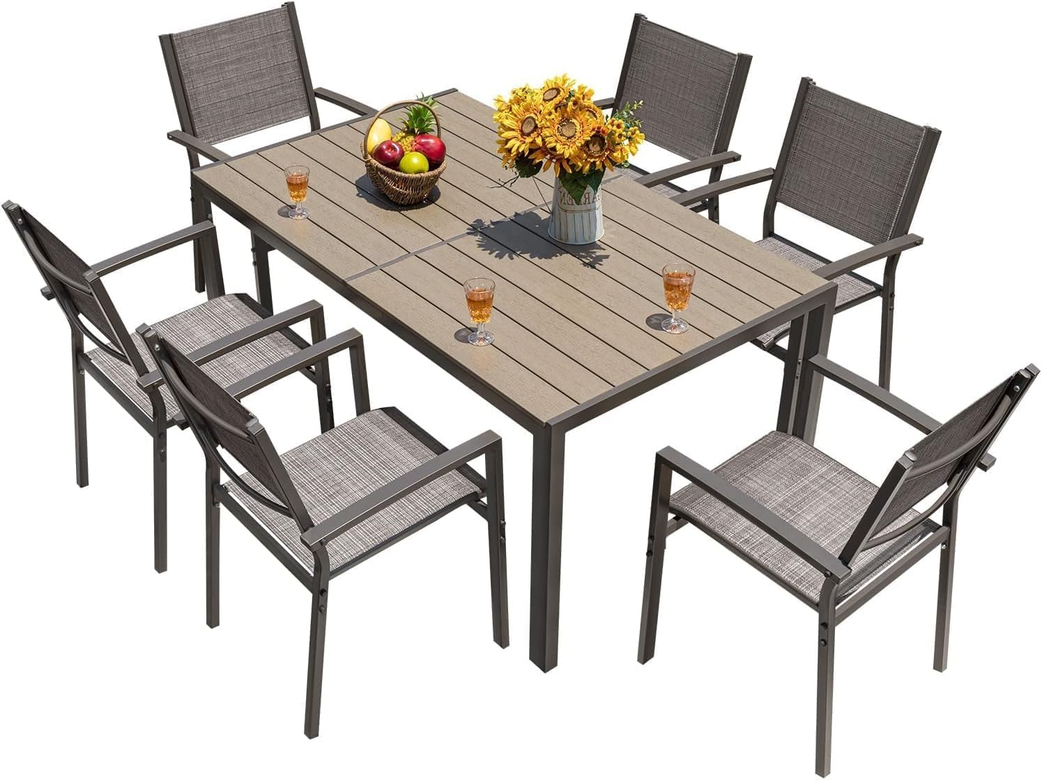 7 Pieces Patio Outdoor Furniture Set with Large Dining Table and 6 Chairs Patio Conversation Sets for Backyard Porch Balcony Poolside Garden(Brown)