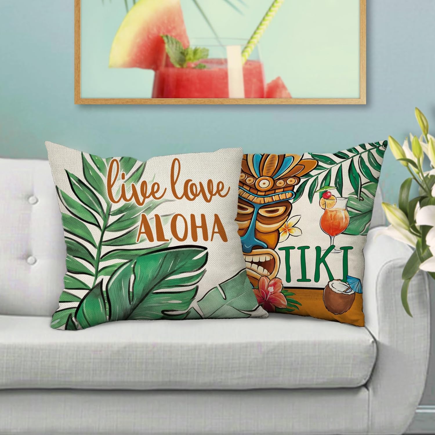 Summer Tiki Palm Leaves Decorative Throw Pillow Covers 18 x 18 Set of 4, Aloha Vibes Only Tropical Hawaii Monstera Porch Outdoor Home Decor, Live Love Aloha Hibiscus Flower Couch Cushion Case