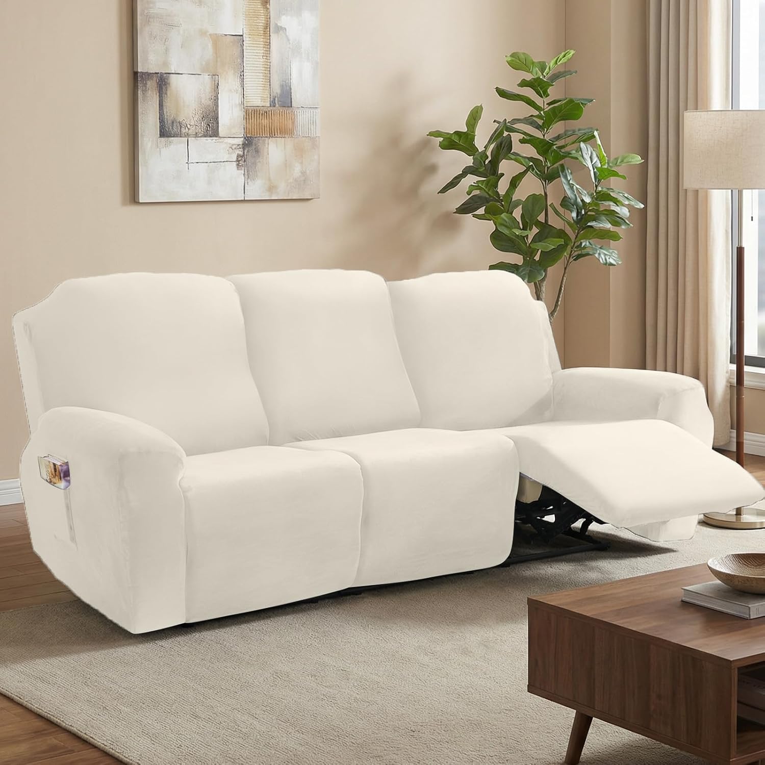 Deep Dream Waterproof Recliner Sofa Covers, Velvet 3-Piece Stretch Recliner Couch Covers for 3 Cushion Sofa, Thick Soft Washable Furniture Sofa Cover for Dog Kid, Beige