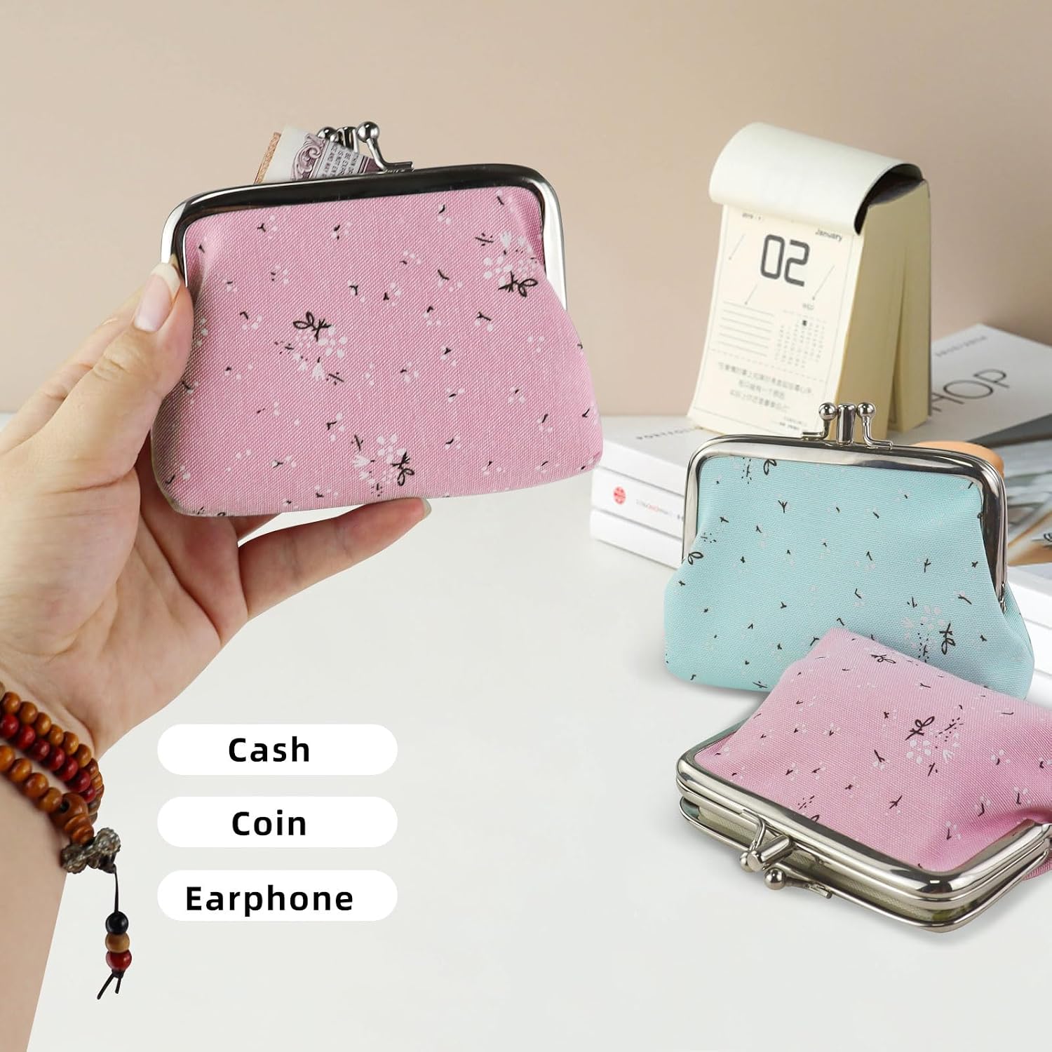 2 PCS Coin Purses, Cute Flower Print Change Purse Coin Pouch for Women with Double Compartments, Mini Wallet Coin Bag with Kiss Clasp (Blue & Pink)
