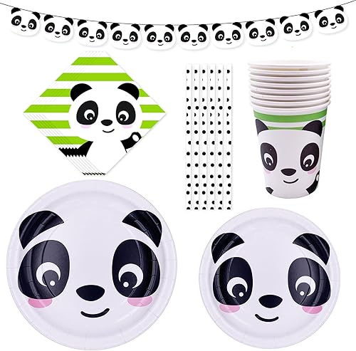 Miniatura 1 de Suministros para fiesta de panda, juego de vajilla desechable de animales para 16 invitados, incluye platos, tazas, servilletas, pajitas, pancarta