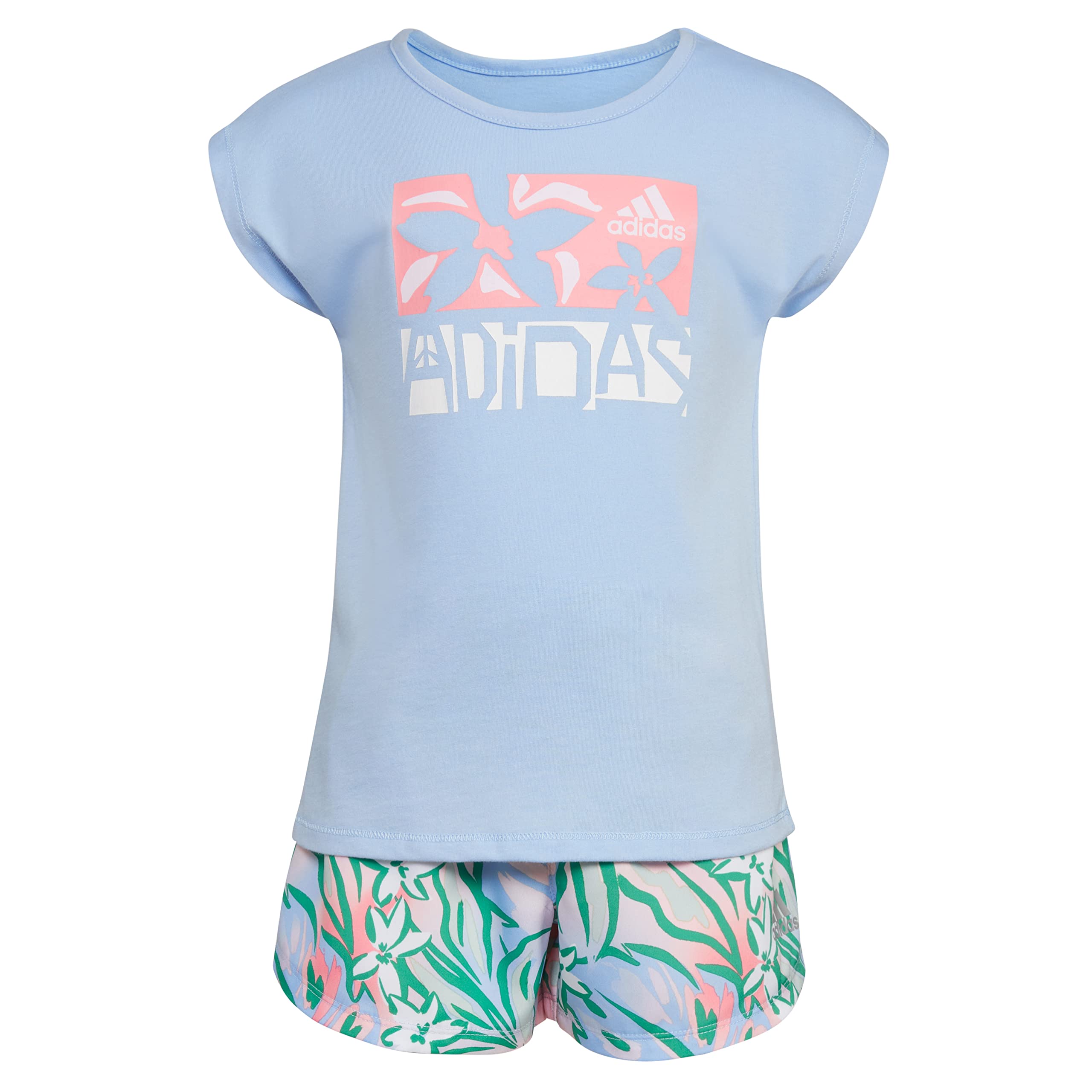adidas Girls' 2-Piece Tee & All Over Print Woven Short Set, Blue Dawn, 3T