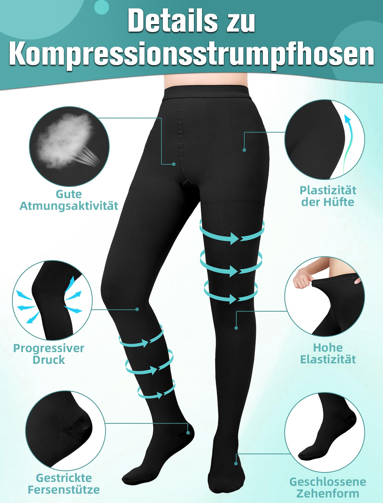 Collants de compression médicaux pour homme et femme - Longueur : 15 à 20 mmHg - Classe I - Bas de compression gradués - Bout fermé - Pour la grossesse, les varices, l'œdème, le lipœdème
