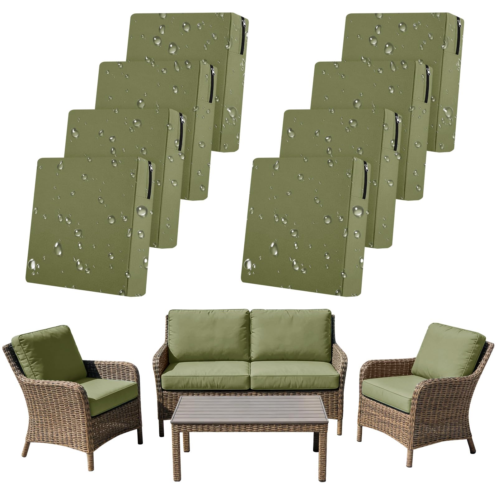 SYLC 8Pcs Outdoor Cushion Covers Waterproof Patio Cushion Covers Replacement with Zipper, Garden Rattan Sofa Seat Slipcovers Furniture Protector (Grey-green,8pcs 55×50×10cm)