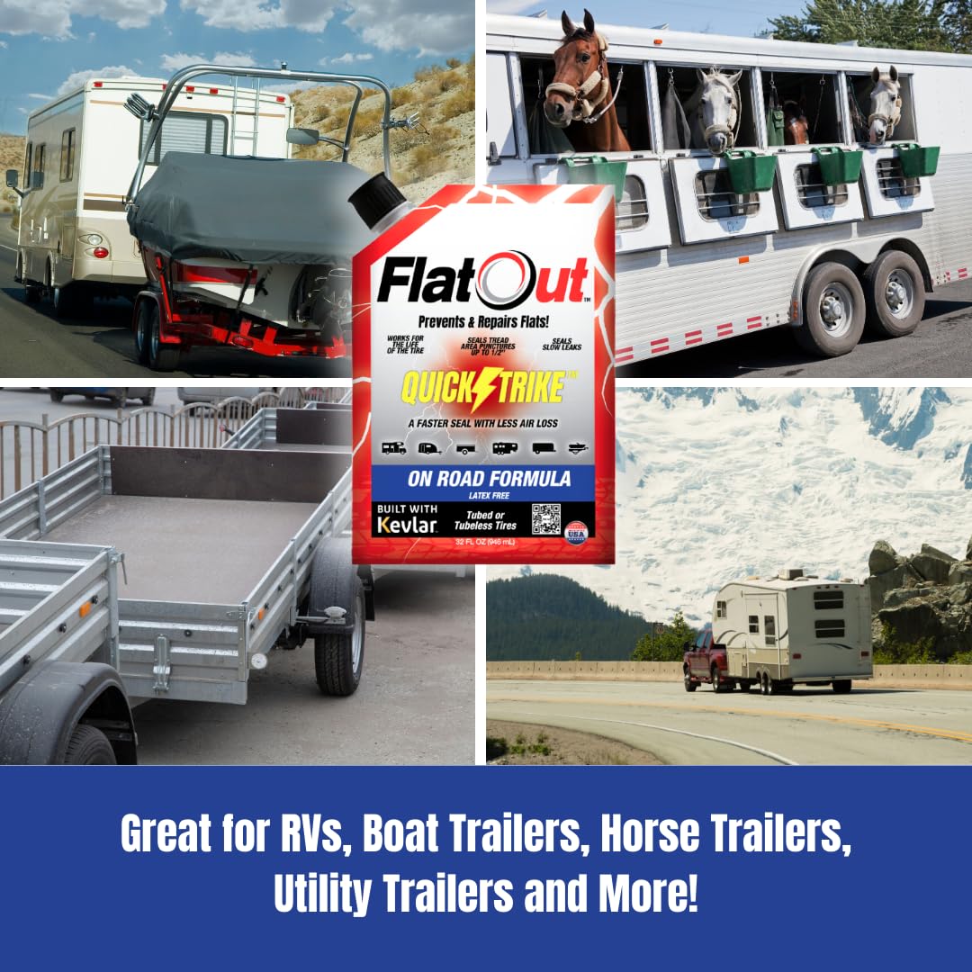 FlatOut QuickStrike Tire Sealant On-Road Formula - Prevent Flat Tires - Seal Leaks - Contains Kevlar - Tubeless Tire Sealant - Fast-Acting Formula - 32 Ounce Bag - Pack of 4