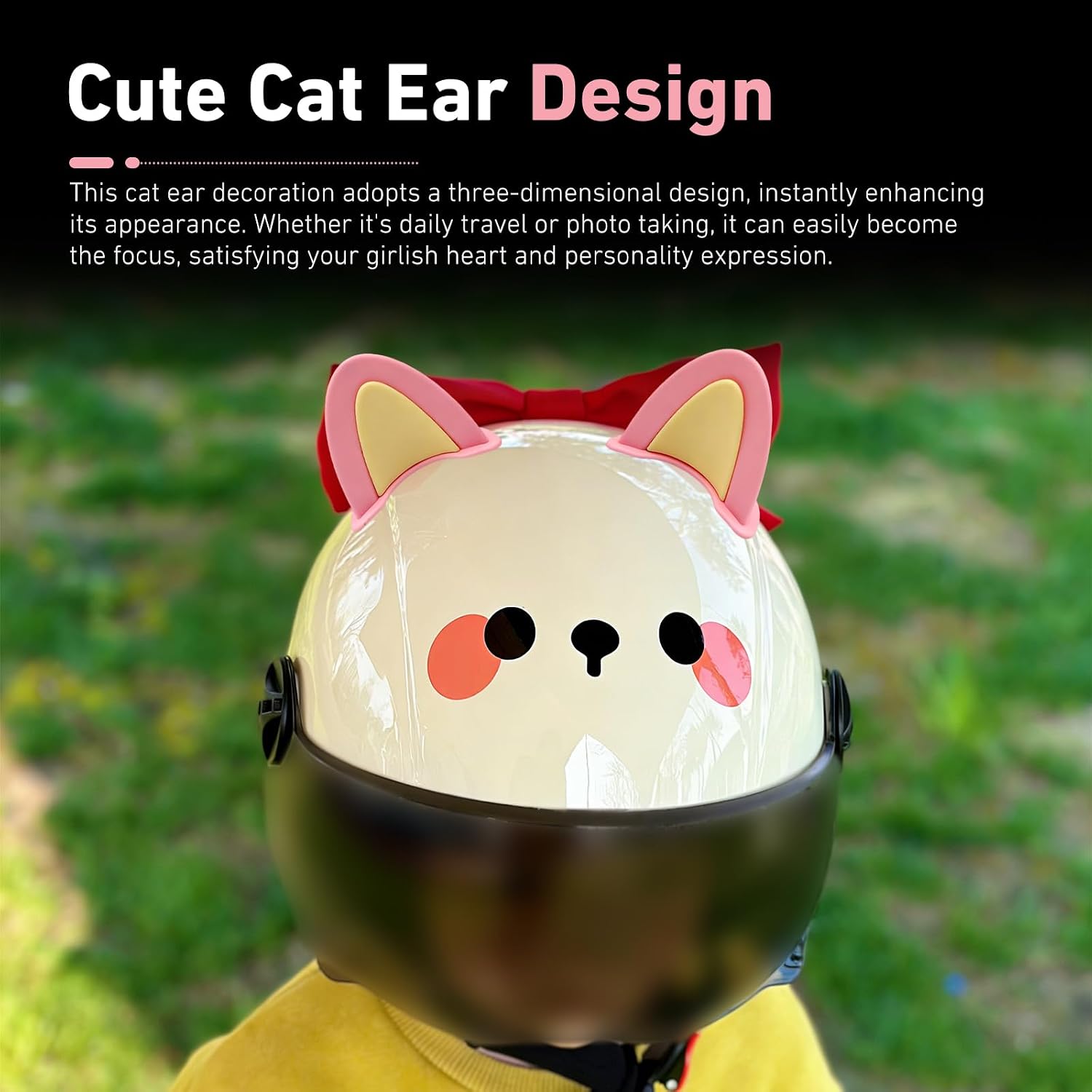 2 PCS Cute Cat Ear Motorcycle Helmet Decoration, Self-Adhesive Wear-Resistant Automotive Helmet Ornament Accessory, Universal for Most Motorcycle Scooter Helmets (Pink & Yellow) image 4