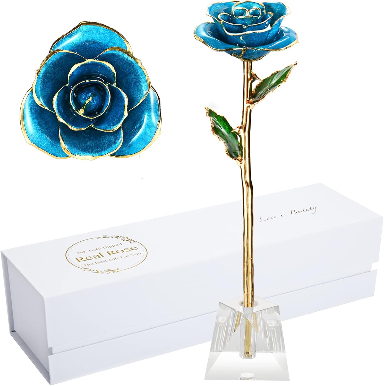 Mom Gifts Gold Dipped Rose Made From Real Rose for Mother With Crystal Stand (SkyBlue)