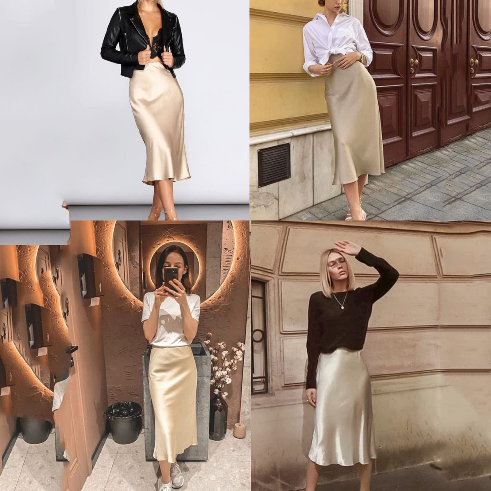 Generico Gonna Donna Raso Vita Alta e Linea ad A Elegante Seta Midi Gonna da Lavoro Casual Elastica con Zip Festa Estate