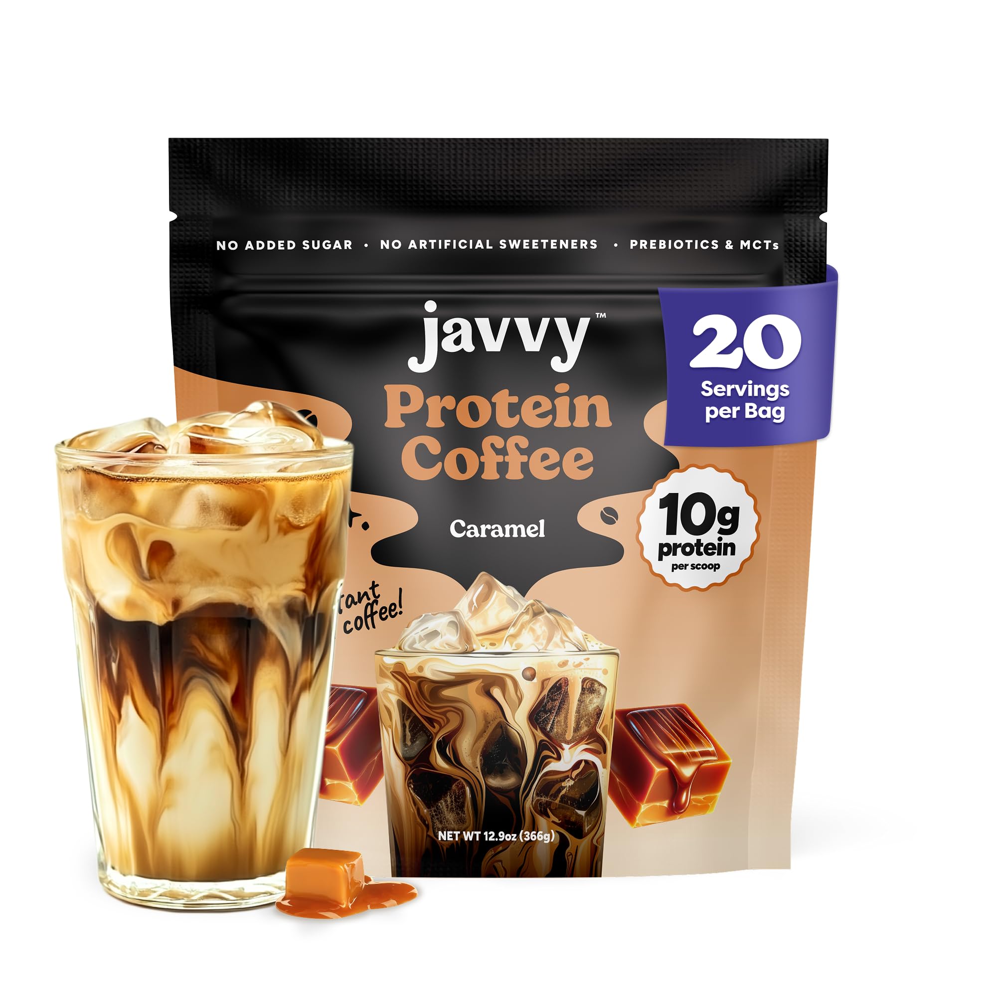 Caramel Protein Iced Coffee - Premium Whey Protein Instant Iced Coffees - 100 Natural Cold Brew - Zero