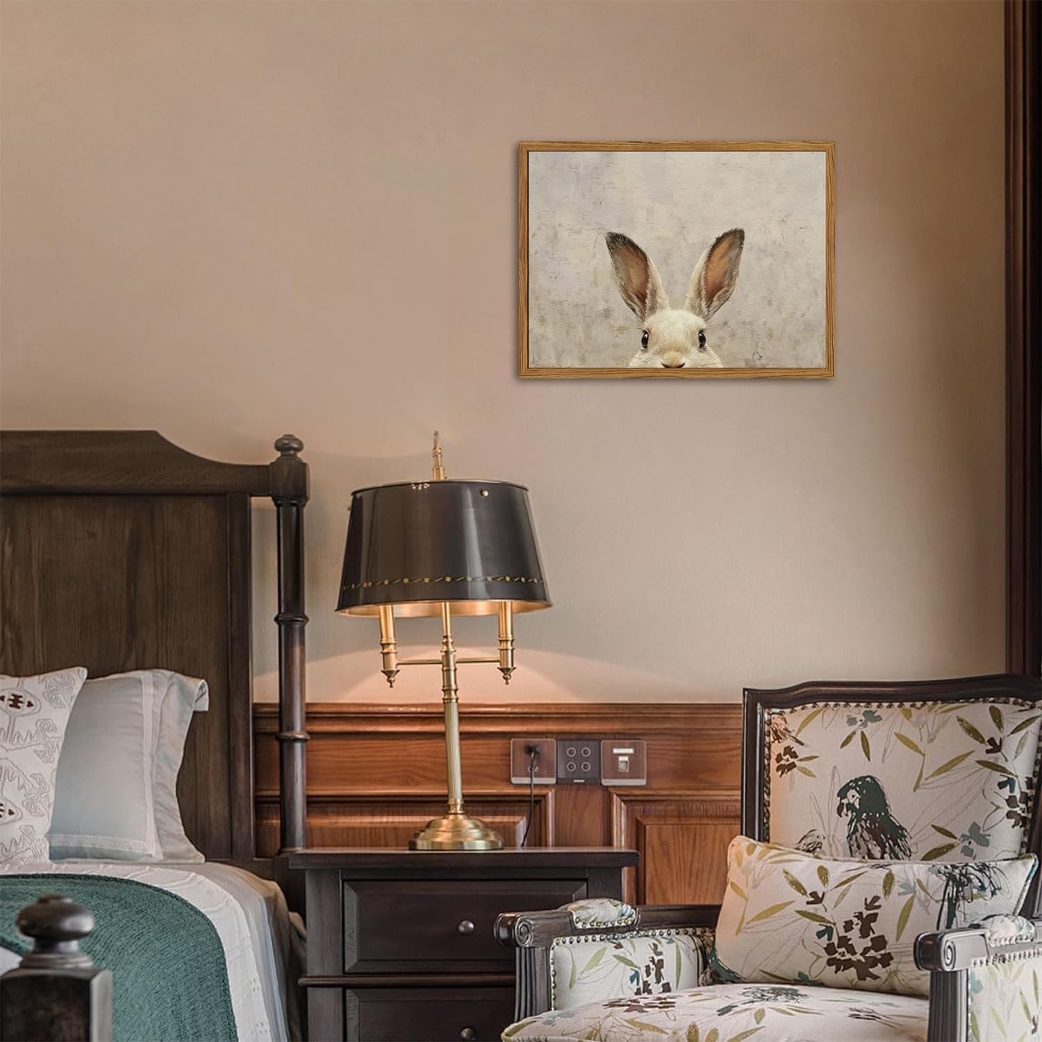 Framed Vintage Rabbit Wall Art, Cute Easter Bunny Pictures Wall Decor, 3D Sandstone Textured Farmhouse Animal Paintings Prints Cottagecore Home Decor for Living Room Bedroom Nursery 12x16 inch