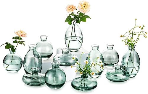 Jarrón de cristal para centros de mesa 12 piezas Glasseam Green Mini Jarrones pequeños para flores a granel, juego de jarrones estéticos lindos