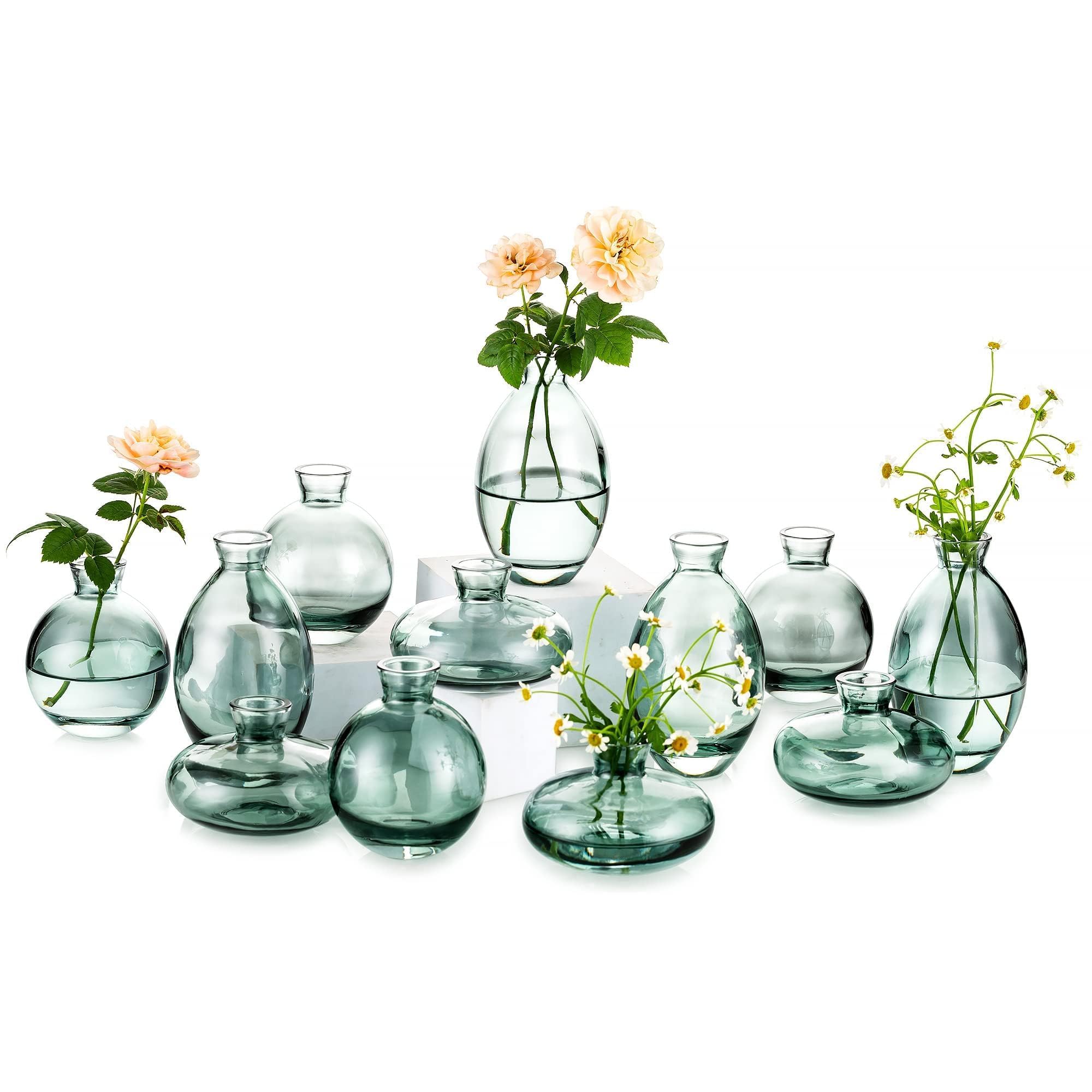 Glass Bud Vase for Centerpieces: 12Pcs Glasseam Green Mini Small Vases for Flowers Bulk Flower Vase Set Aesthetic Cute Handmade Tiny Short Wedding Table Centerpiece Decor