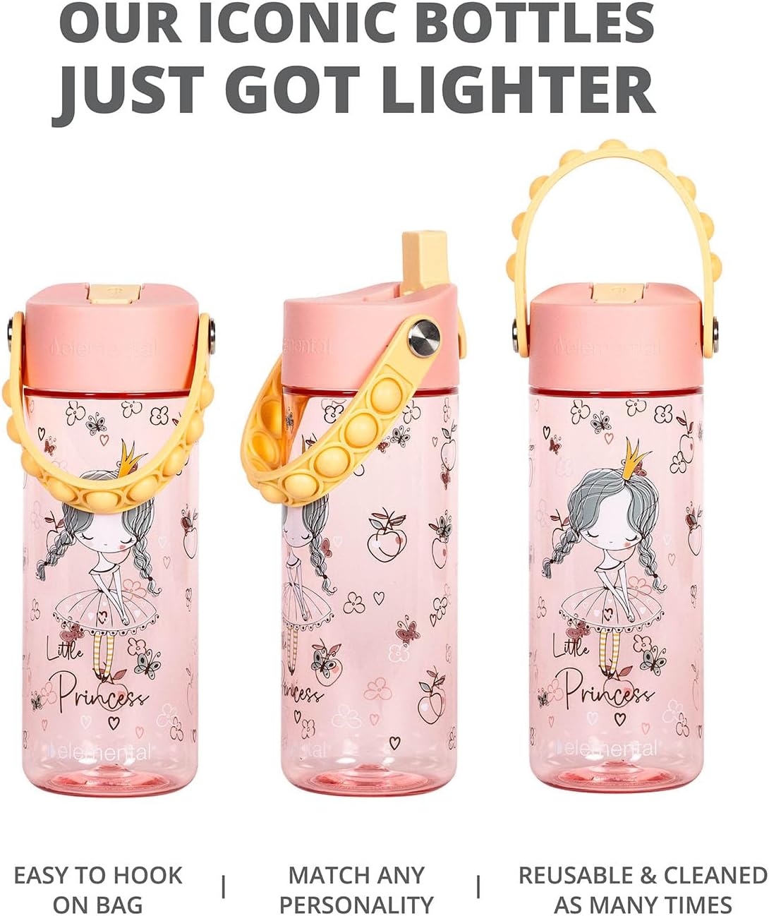Elemental Water Bottles for Kids - Splash Kids Water Bottle for School with Pop-it Handle - BPA Free Tritan Plastic Water Bottle with Straw Leak Proof when Spout is Closed - Little Princess - 18oz