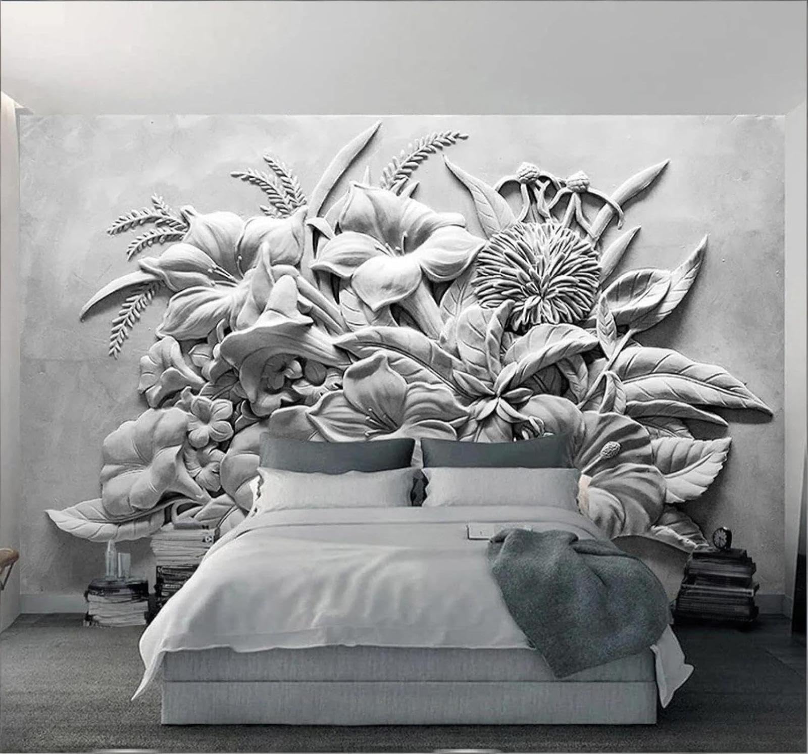 XLMING Retro Relief Three Dimensional Lily Art 3D Wallpaper Silky Texture Home Study Office Grey Dining Room Sofa Bedroom Living Room TV Backdrop-350cm×256cm