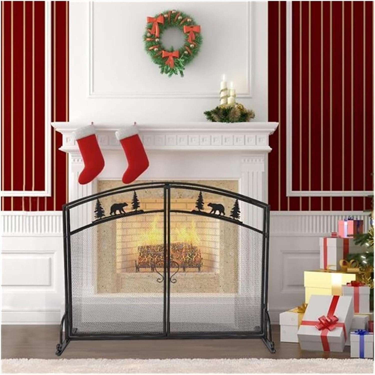 Fireplace Fence Fireplace Screen Curved Christmas Tree Decorative Iron Fireplace Screen Easy Assembly Solid Fireplace Cover Spark Guard Fireplace Panels