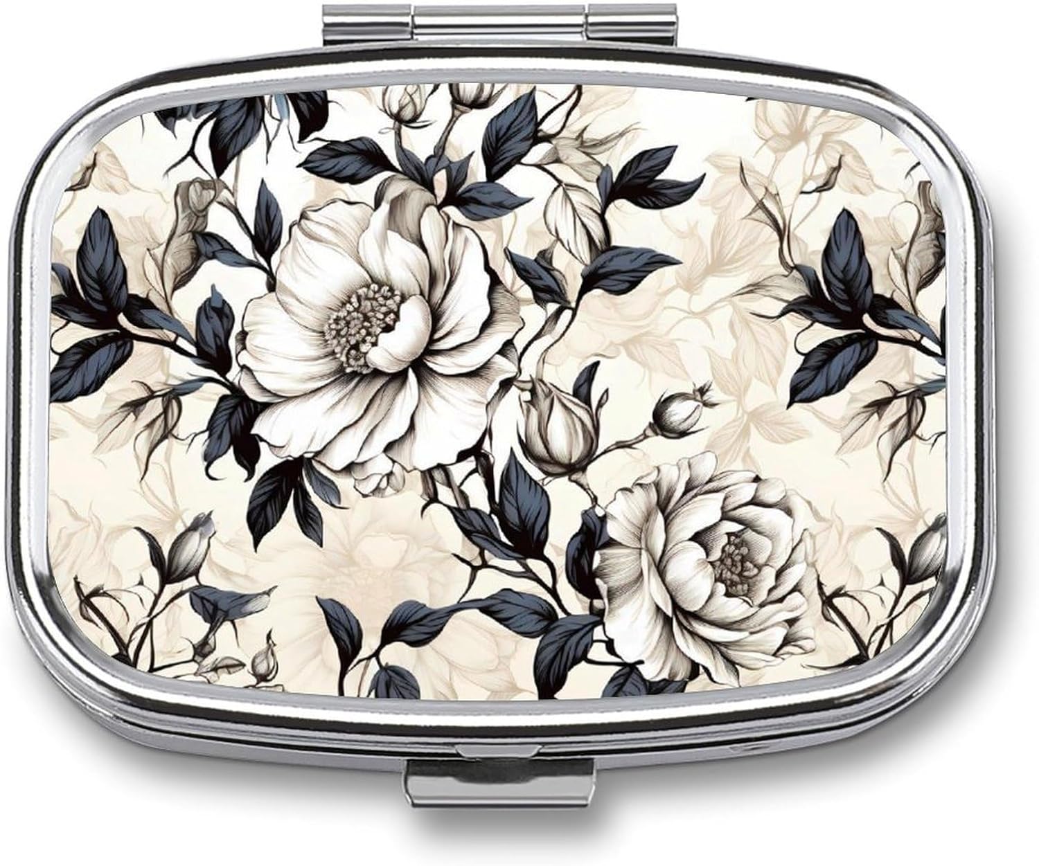 Pill Box 2 Compartment Metal Medicine Pill Organizer Retro Style Black and White Flowers Pill Case for Purse Or Pocket Cute Mini Portable Pill Holder Travel Pill Container to Hold Supplements