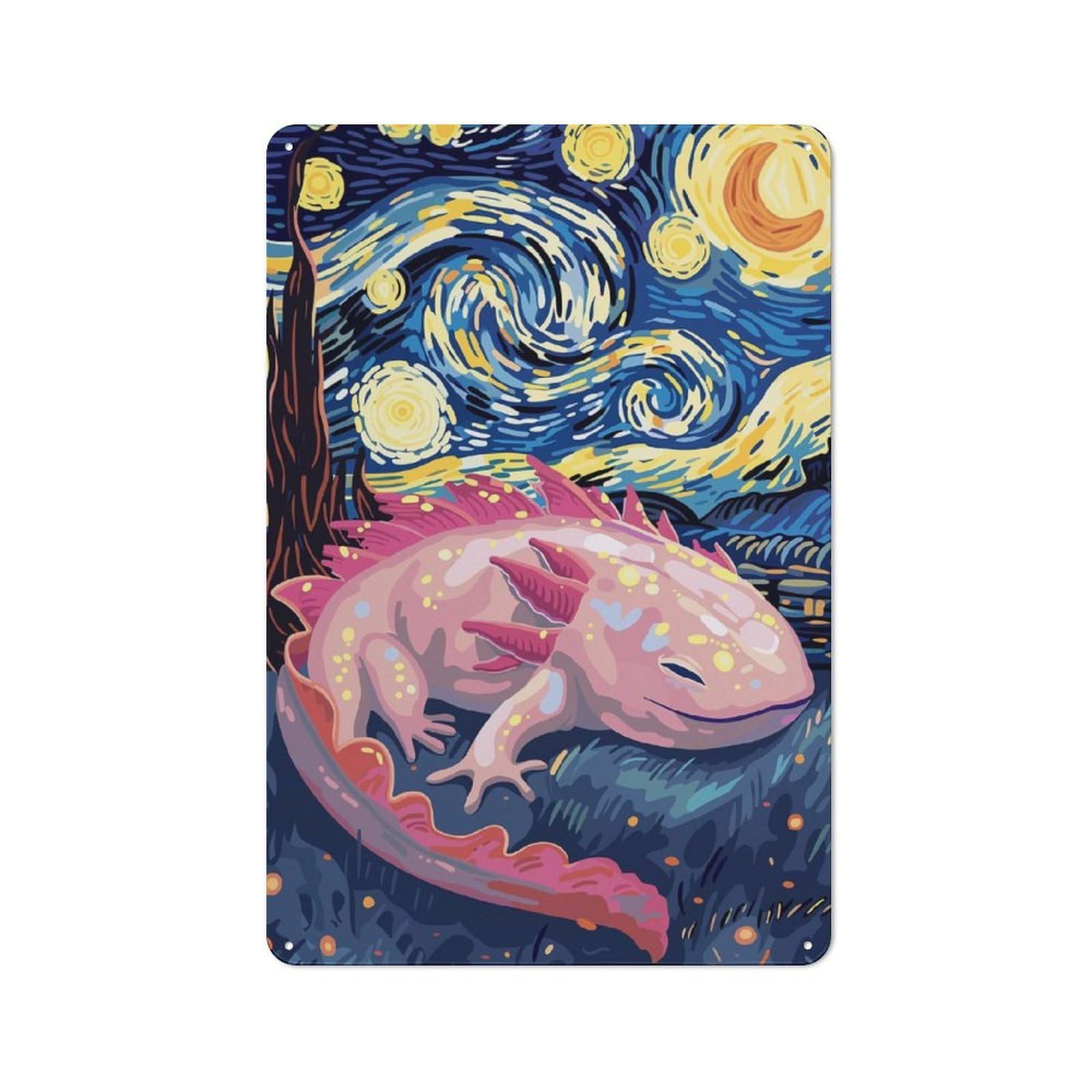 Junmoney Axolotl In Starry Night Style Decorative Metal Sign 30X20cm, Understated Studio Wall Plaque For Hobby Room, Office, Lounge Or Living Room