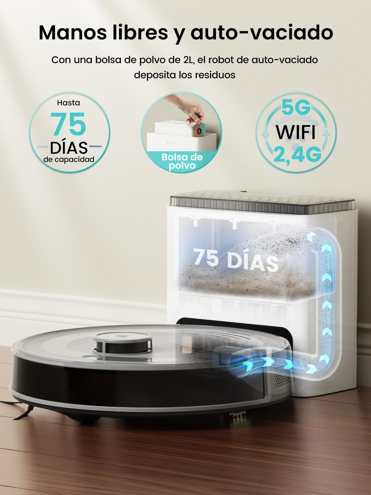 Lefant M2S Plus Robot Aspirador y Fregasuelos Lavador con Estación, 10000Pa, 240min, Navegación dToF, Aspirador Automático Polvo, Evasión de Obstáculos, Alexa/App/WiFi - 3