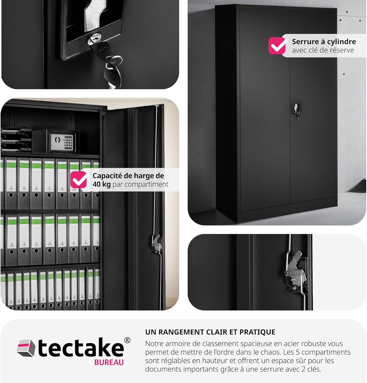 Image showing the cylinder lock with key and the cabinet interior with files, emphasizing secure storage.